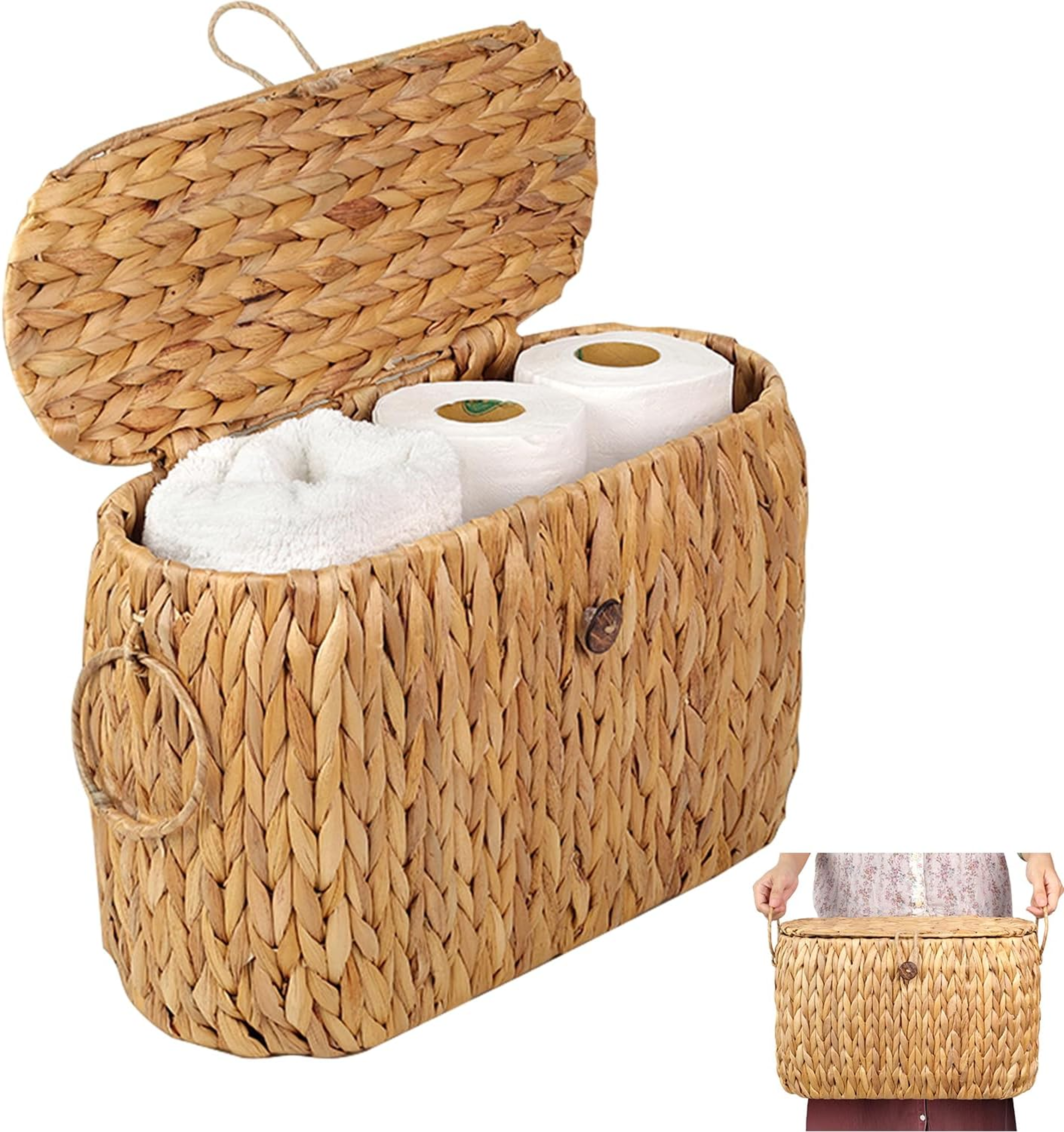 water hyacinth toilet paper storage basket with lid and handles for 6 rolls
