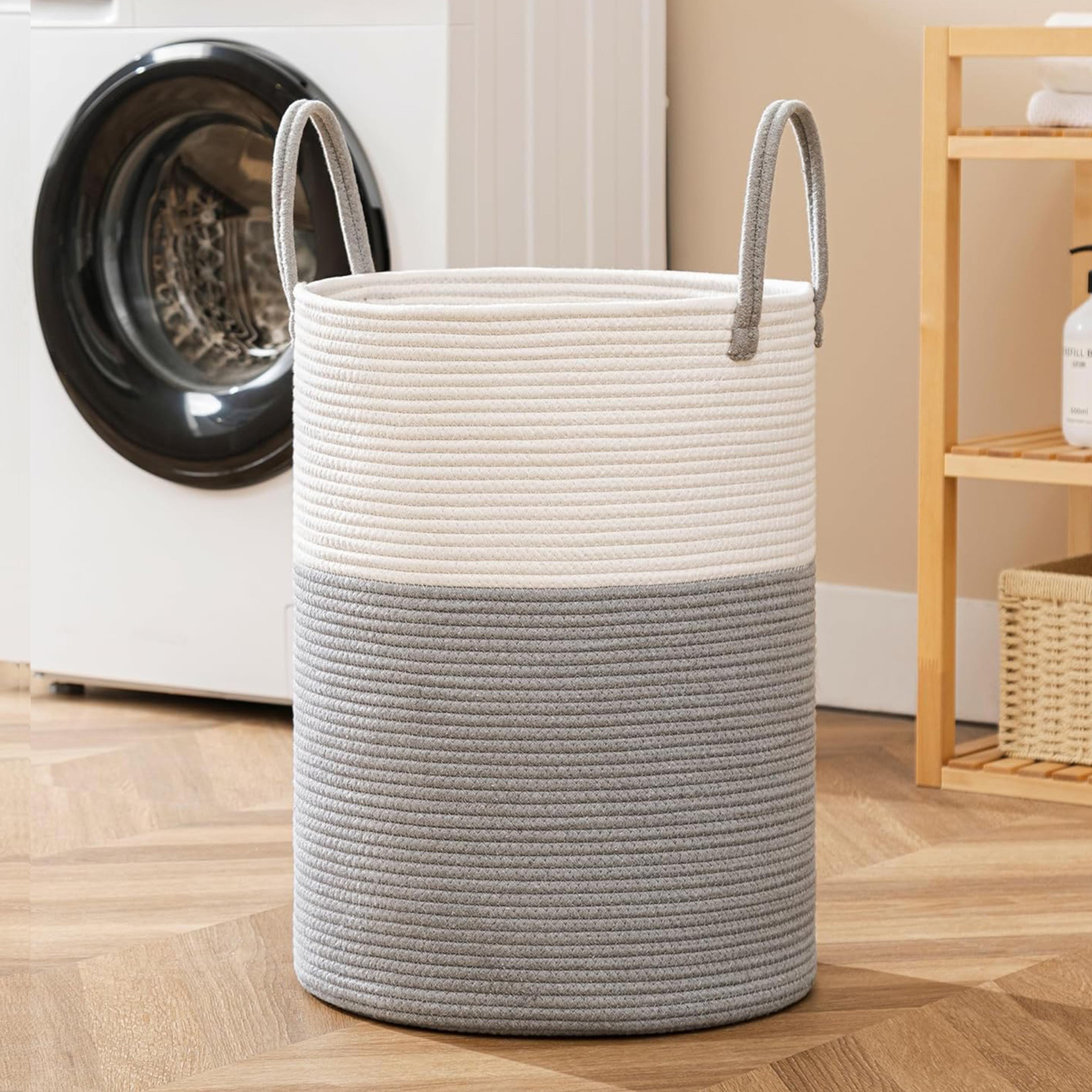 large woven rope storage basket with handles for blankets laundry and home organization