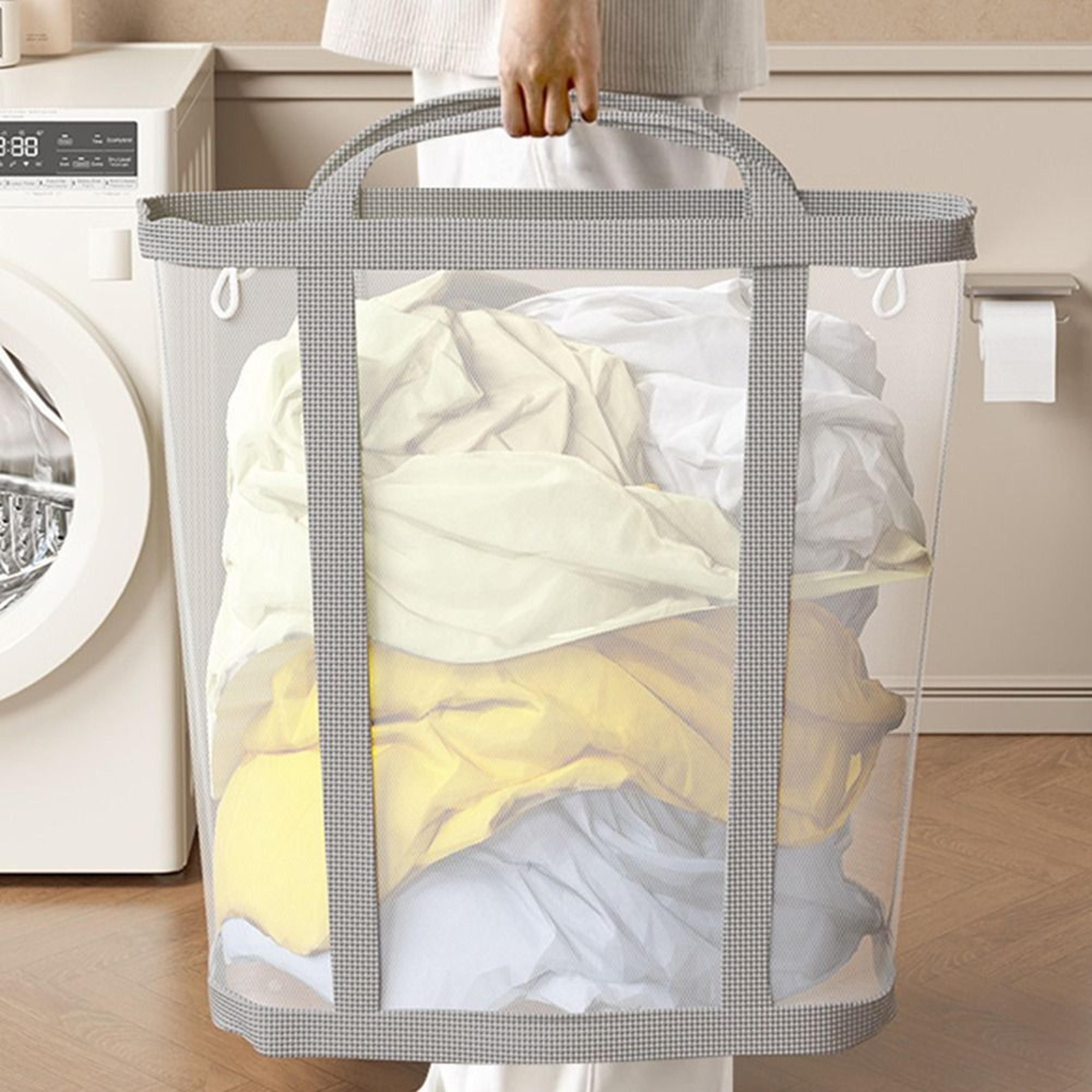 large foldable laundry basket with breathable mesh and carry handles