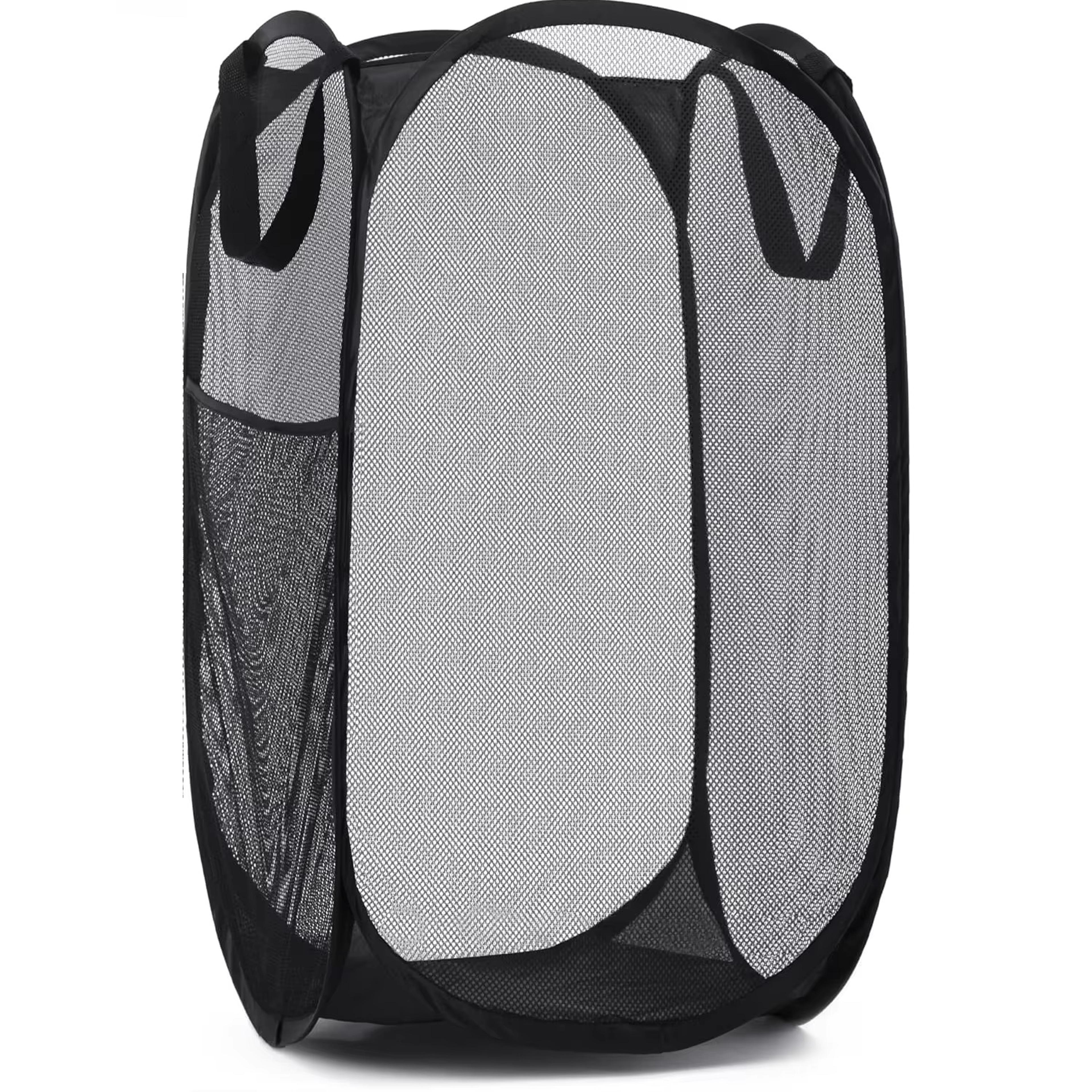 large collapsible laundry hamper with breathable mesh side pocket