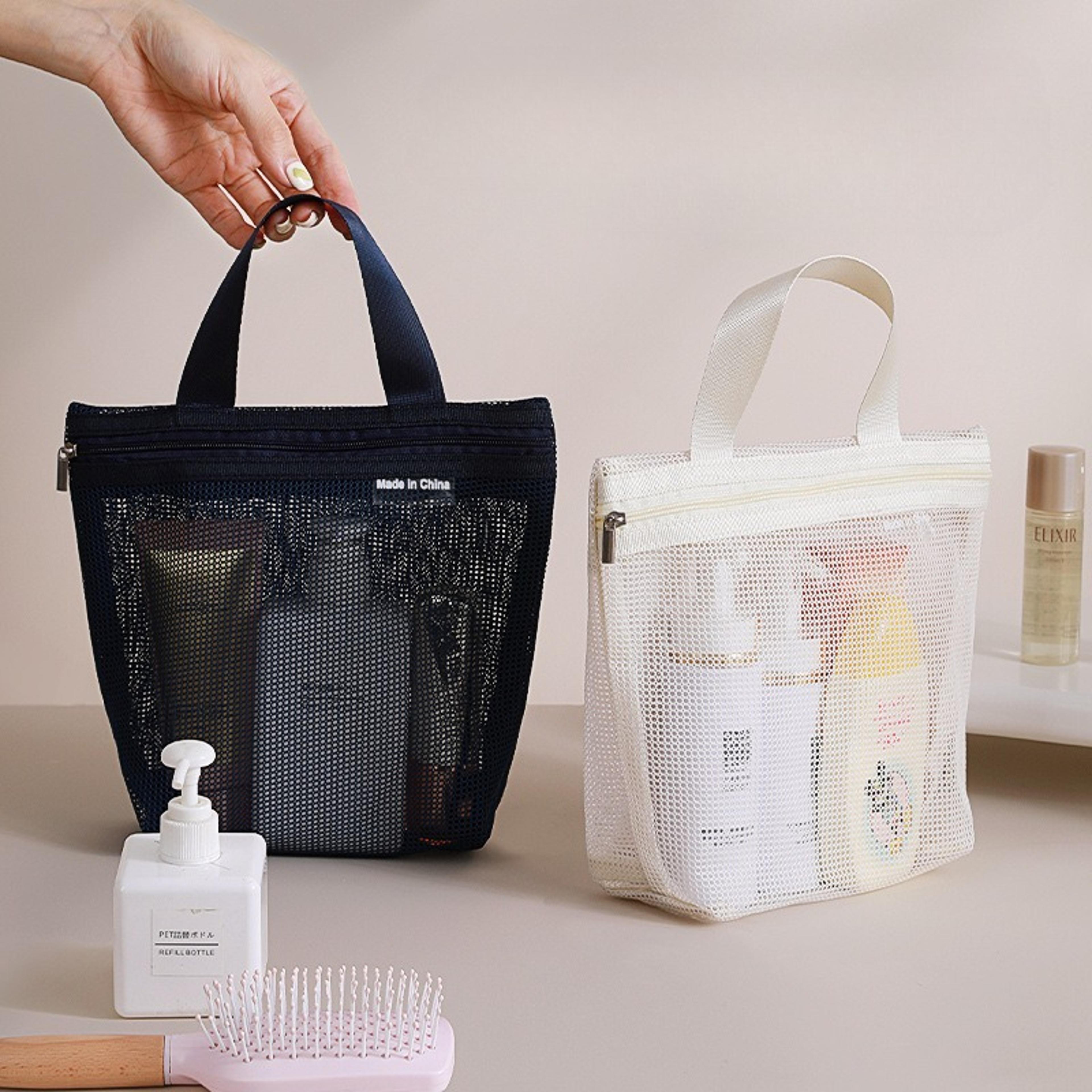 portable mesh shower bag travel toiletry and cosmetic organizer with zipper handle