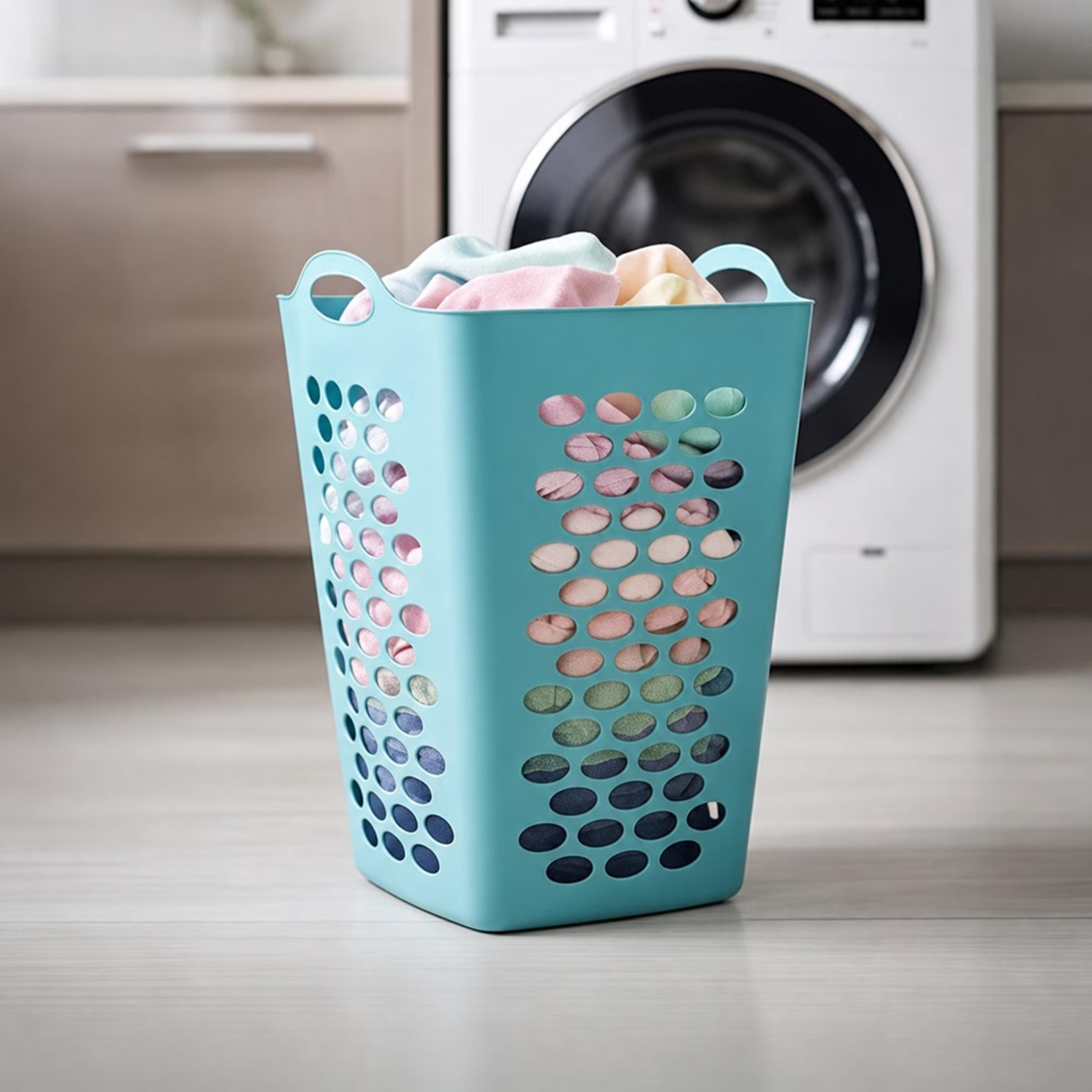 teal bushel flexible plastic laundry hamper with handles