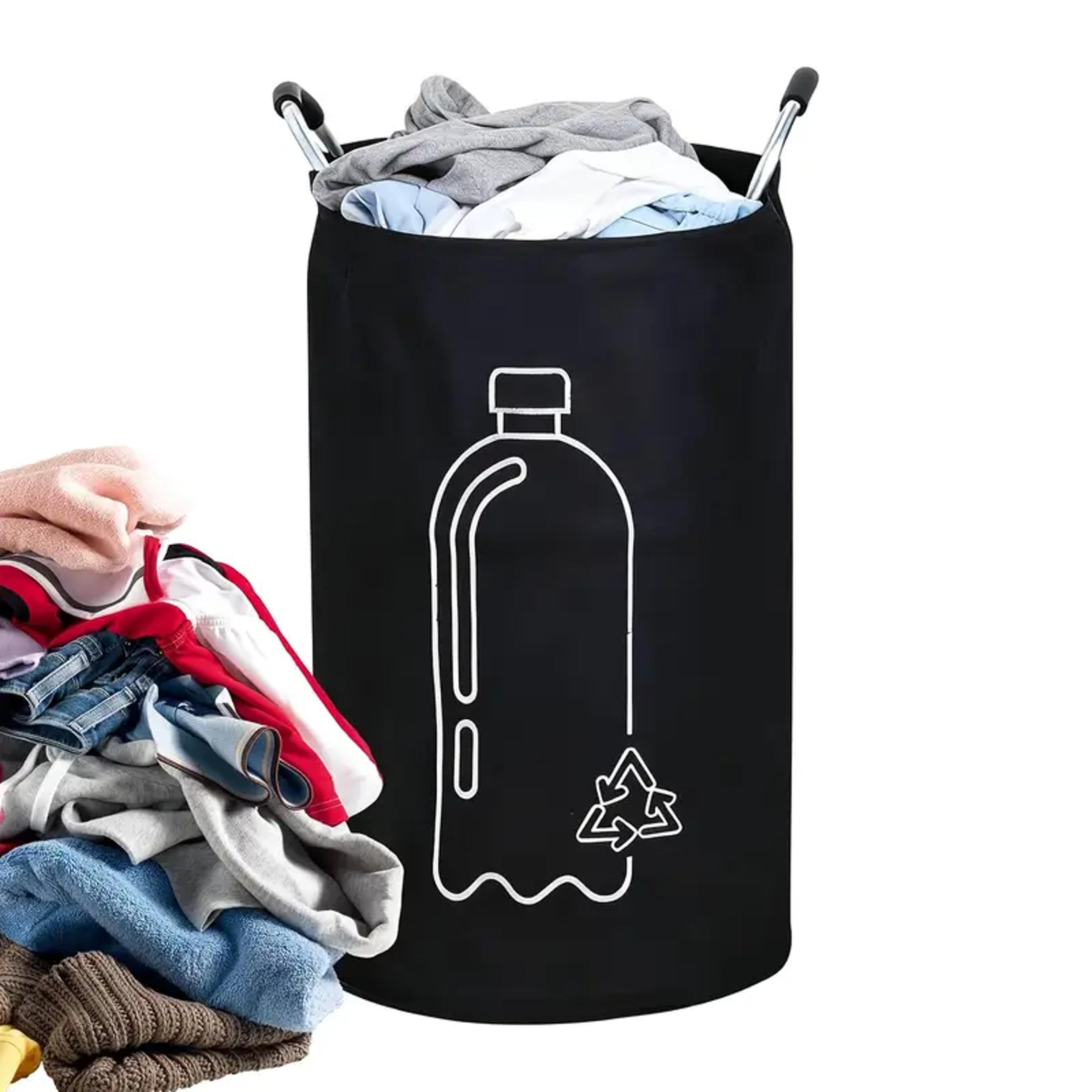 foldable bottle recycling bin with aluminum handles and laundry storage