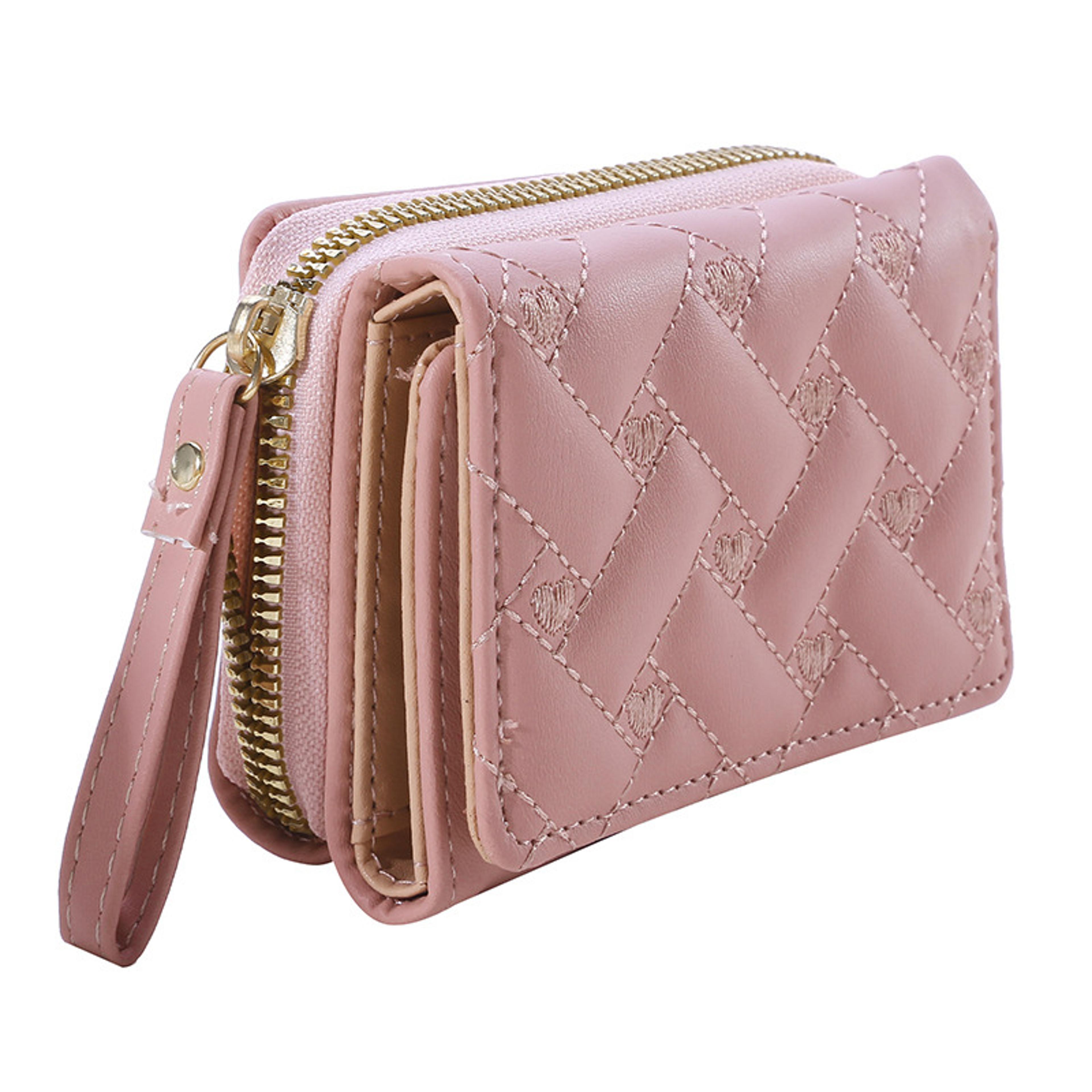 women trifold wallet with embroidered love design and pink coin purse