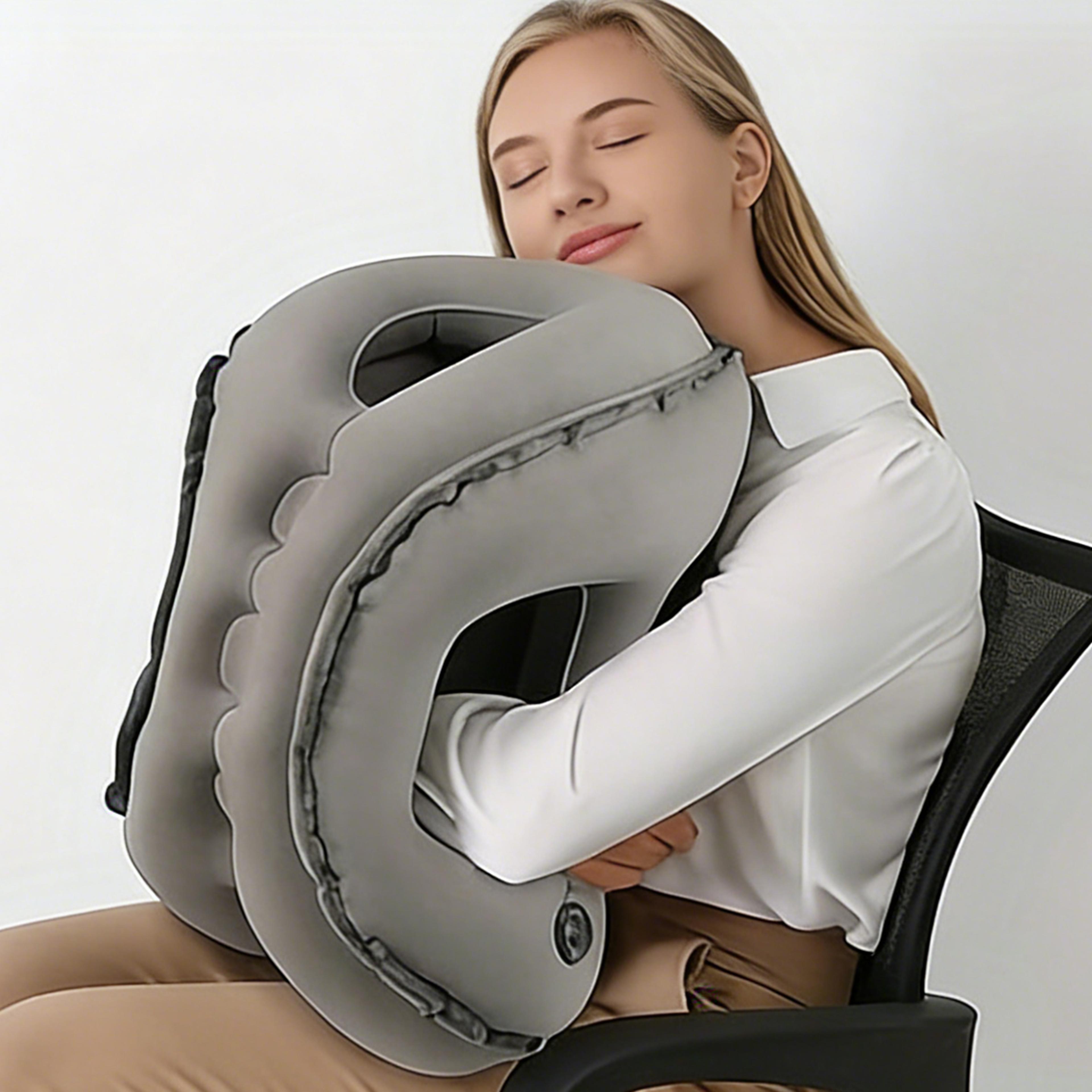inflatable travel pillow with chin support for airplane, car and office naps