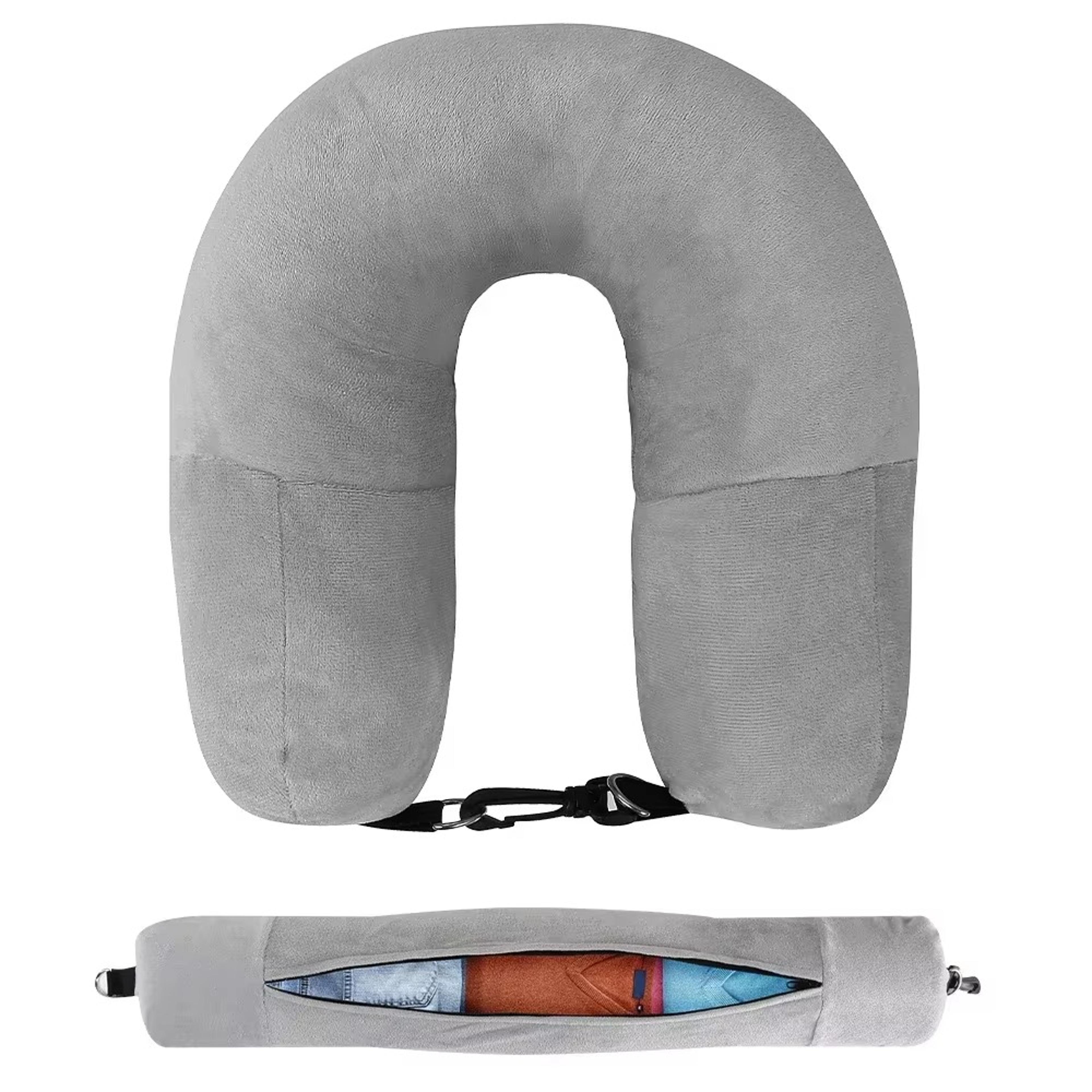 fillable velvet travel neck pillow with storage bag