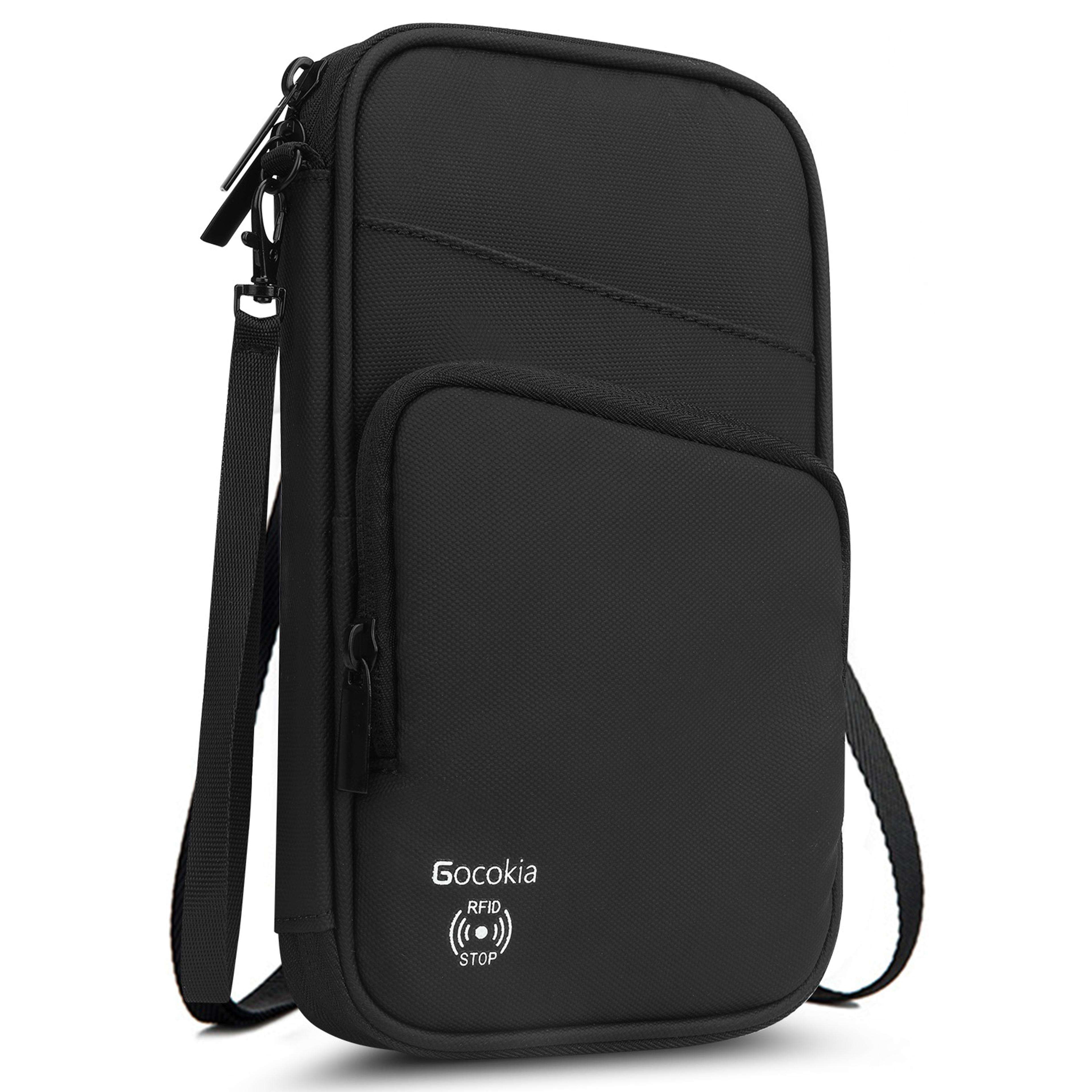family passport holder with rfid blocking travel wallet and shoulder strap