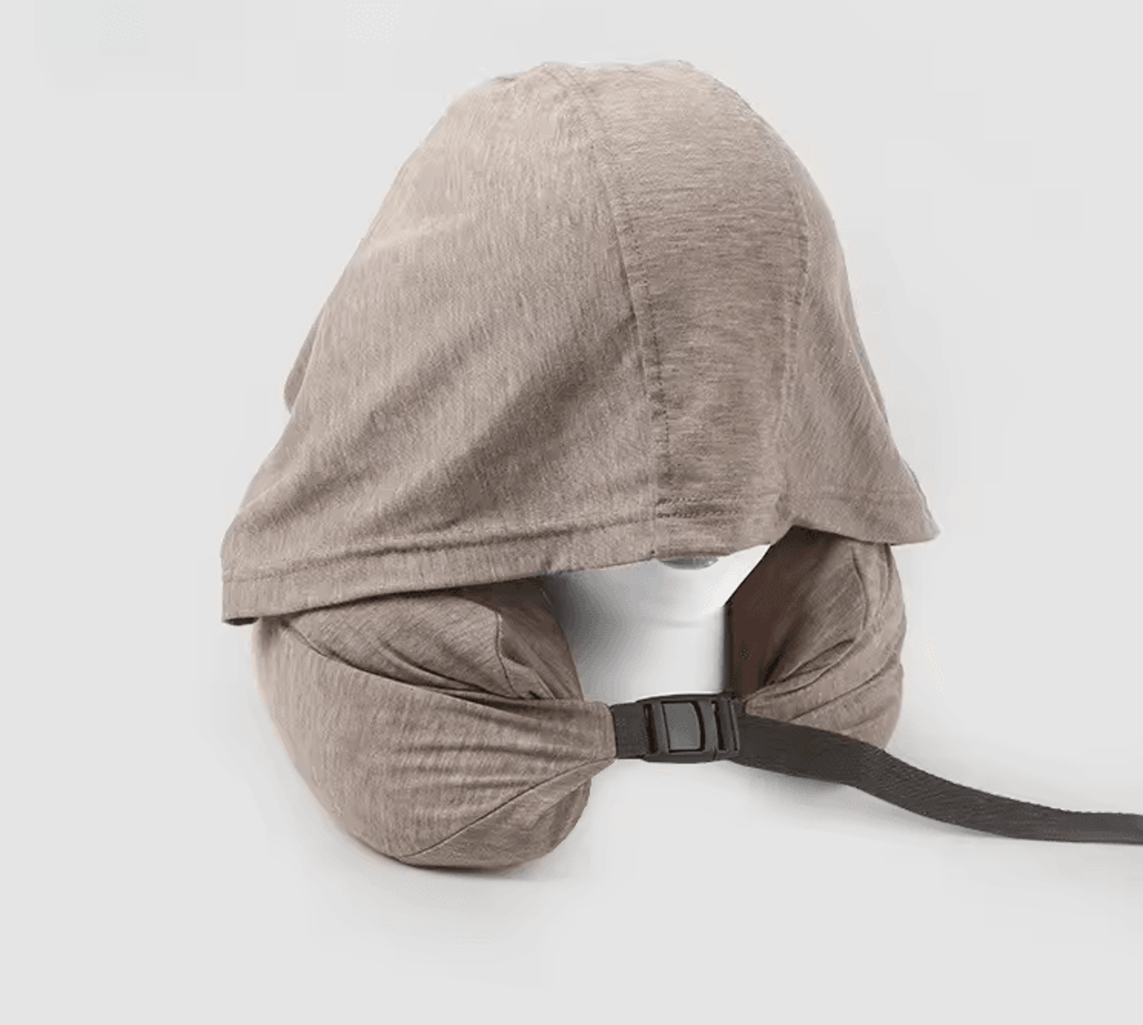 ergonomic hooded travel neck pillow with light blocking hood and adjustable fit