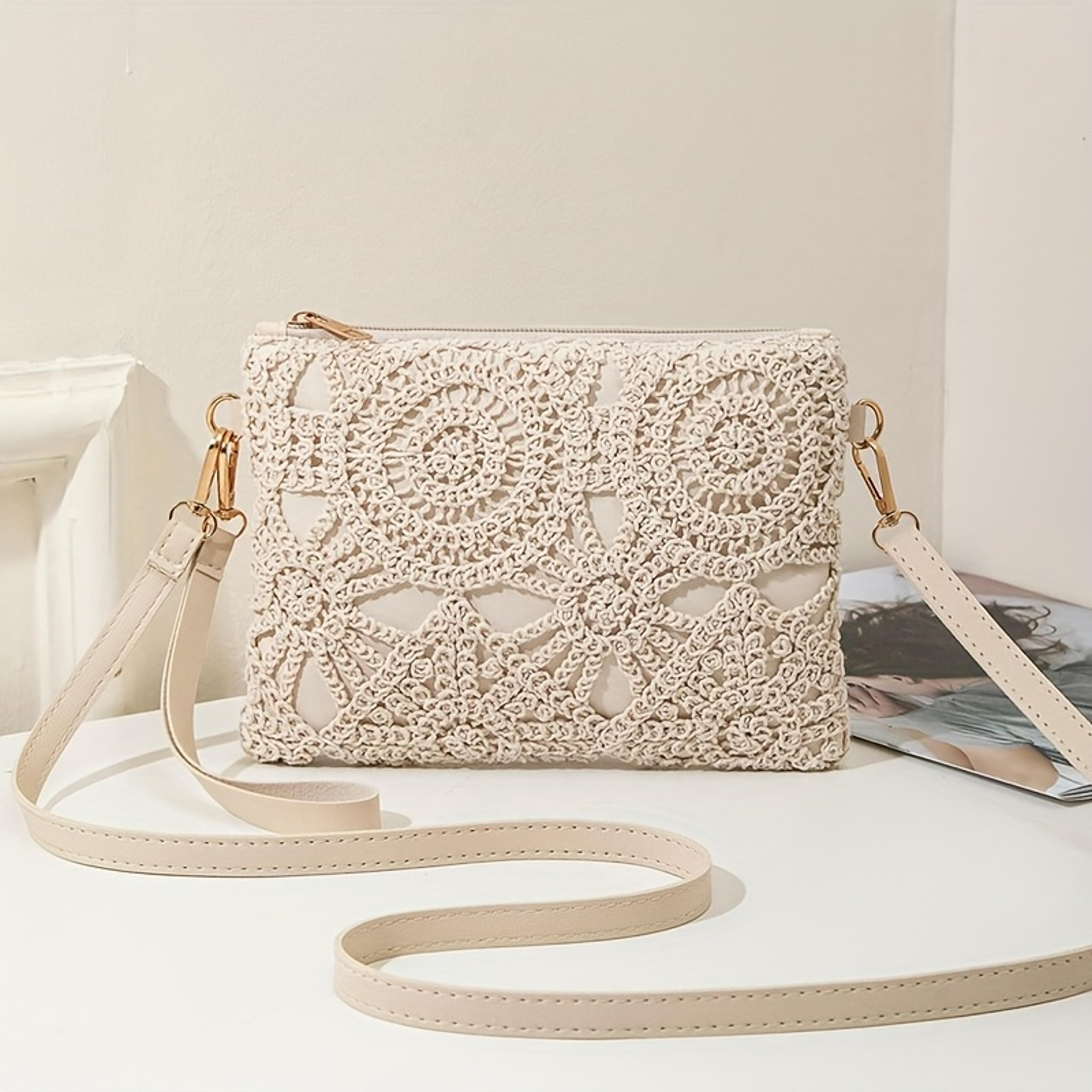 flower crochet straw crossbody bag with zipper and adjustable strap