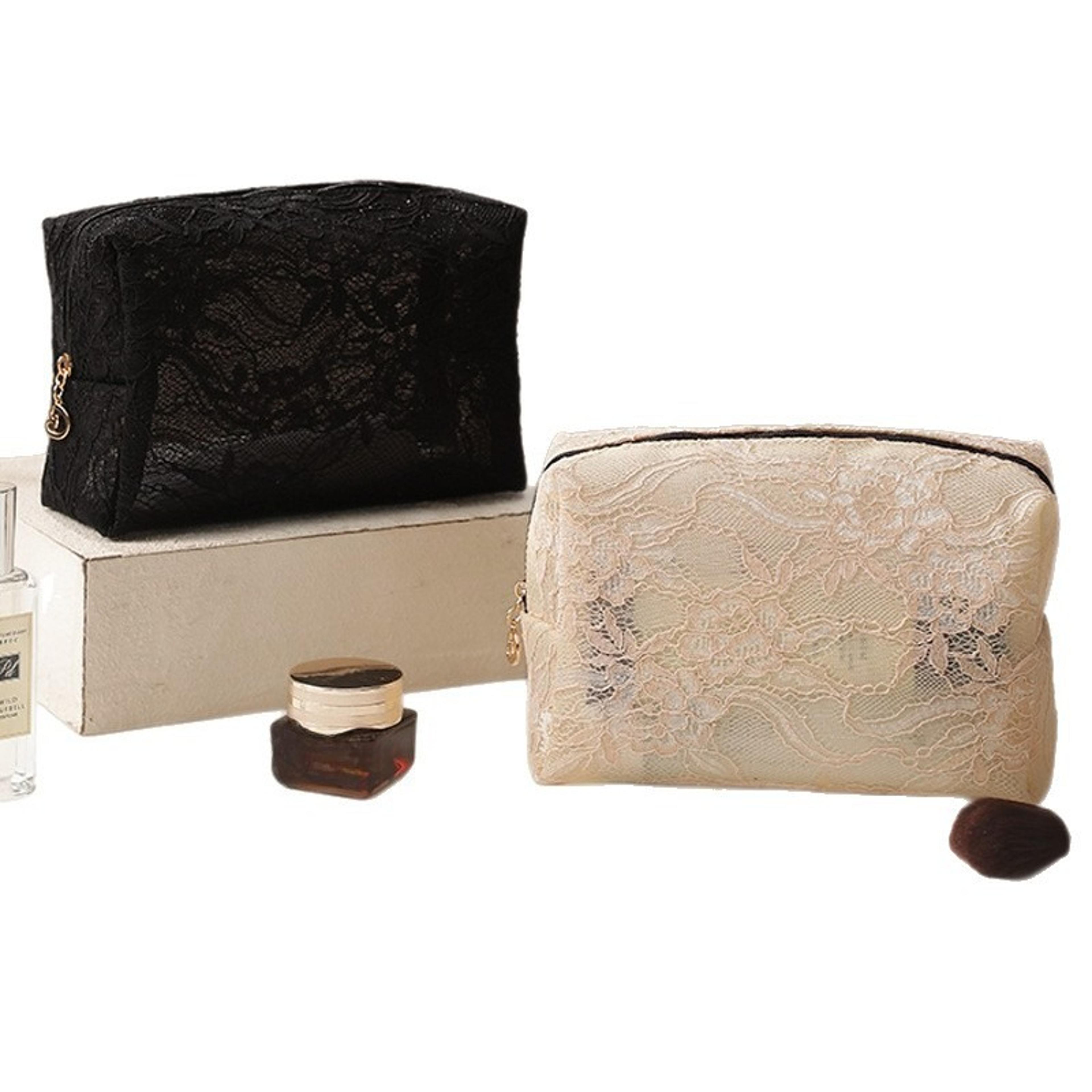 light lace travel makeup bag with mesh organizer and zipper cosmetic pouch