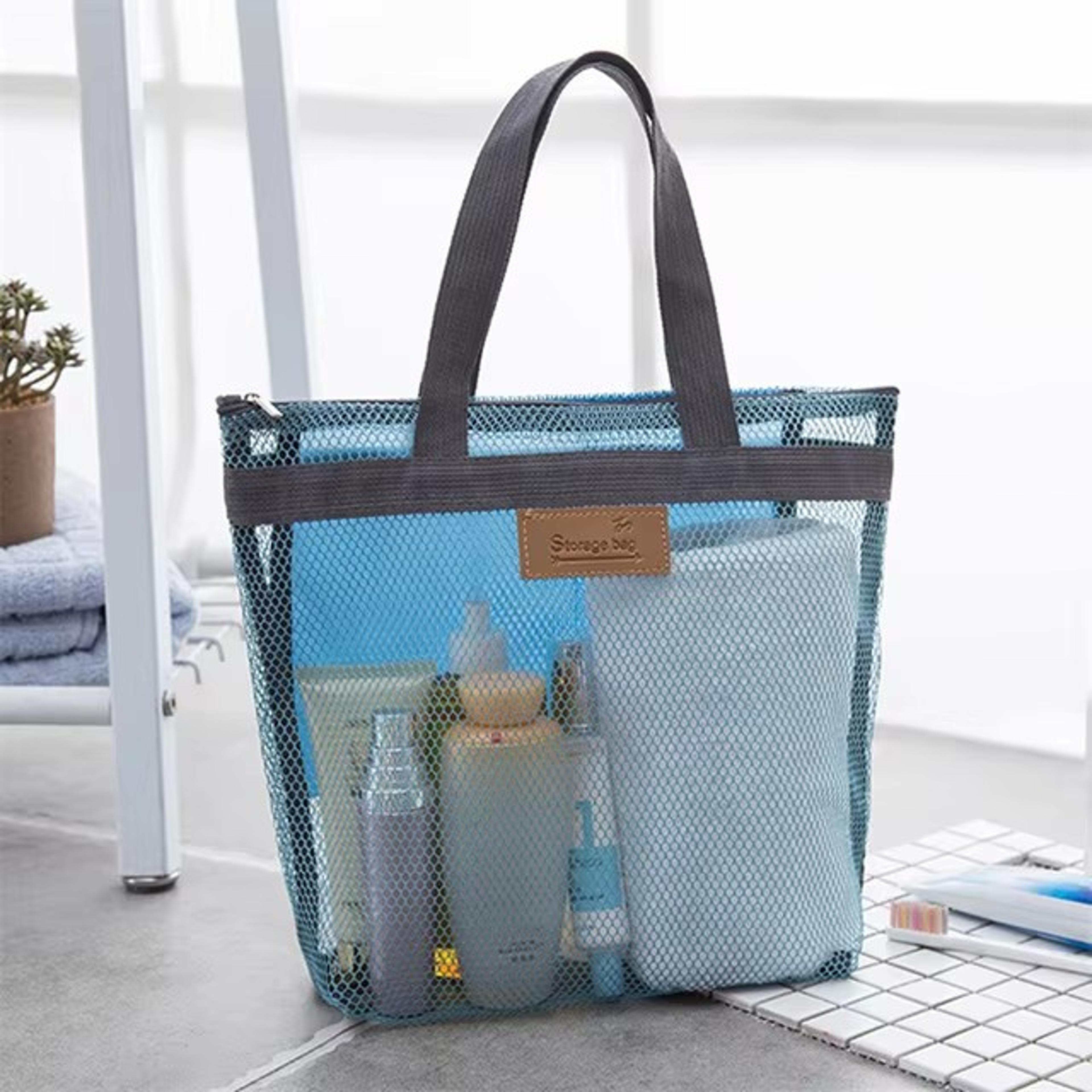 mesh travel shower bag for toiletries and cosmetics