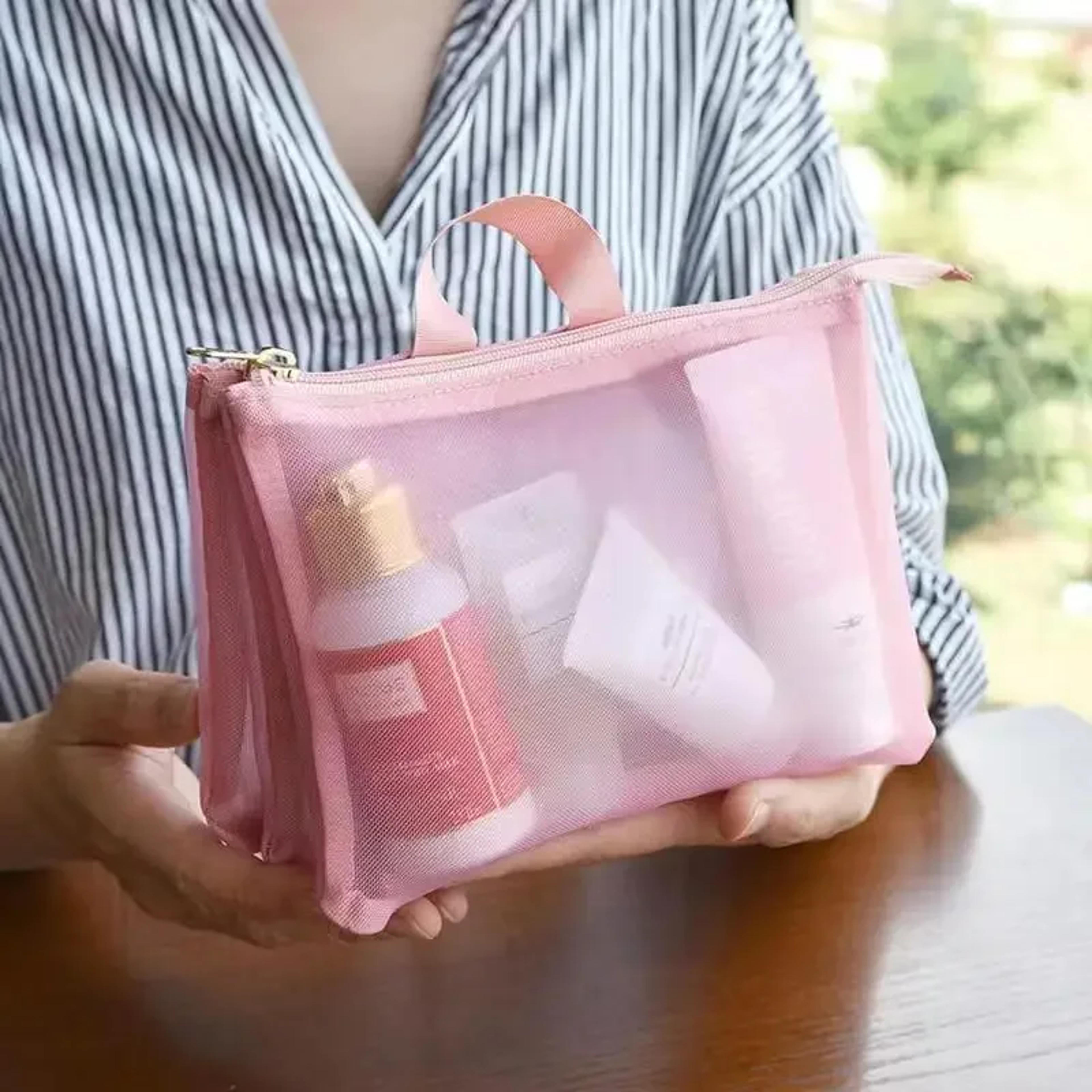 layer transparent travel cosmetic bag with zipper mesh makeup and toiletry organizer