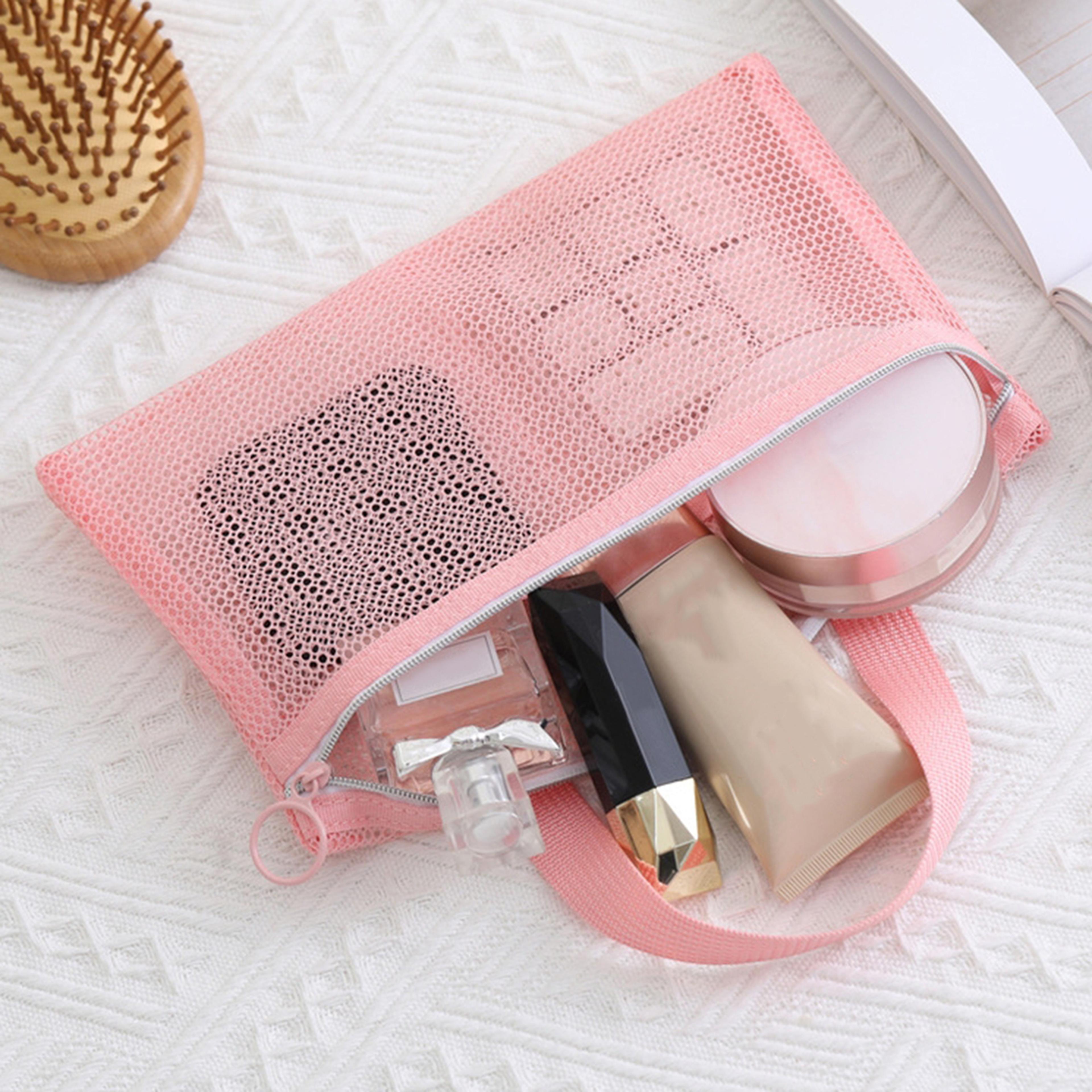 pink mesh travel toiletry bag multi pocket makeup and beach organizer