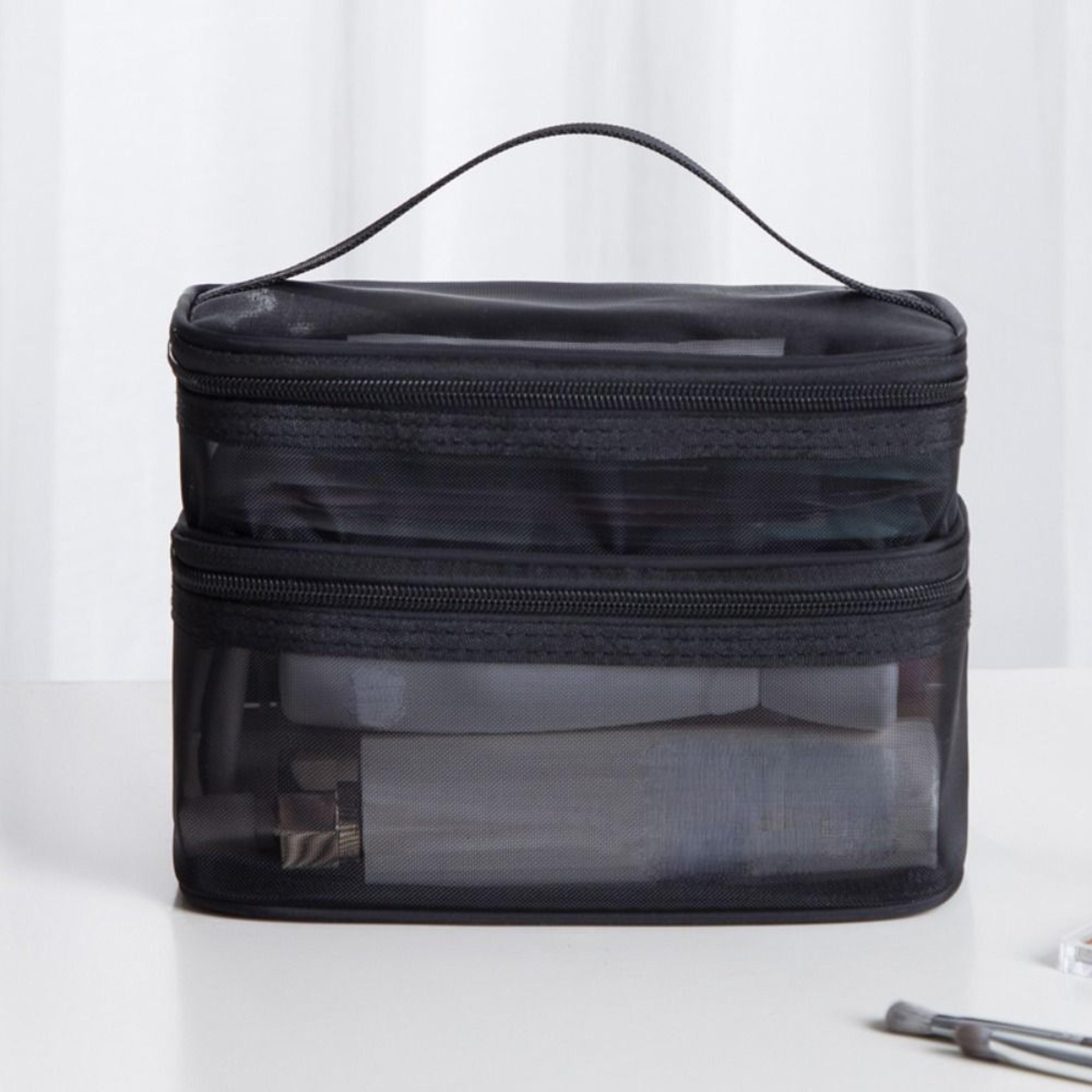 double layer travel makeup bag large capacity mesh cosmetic organizer