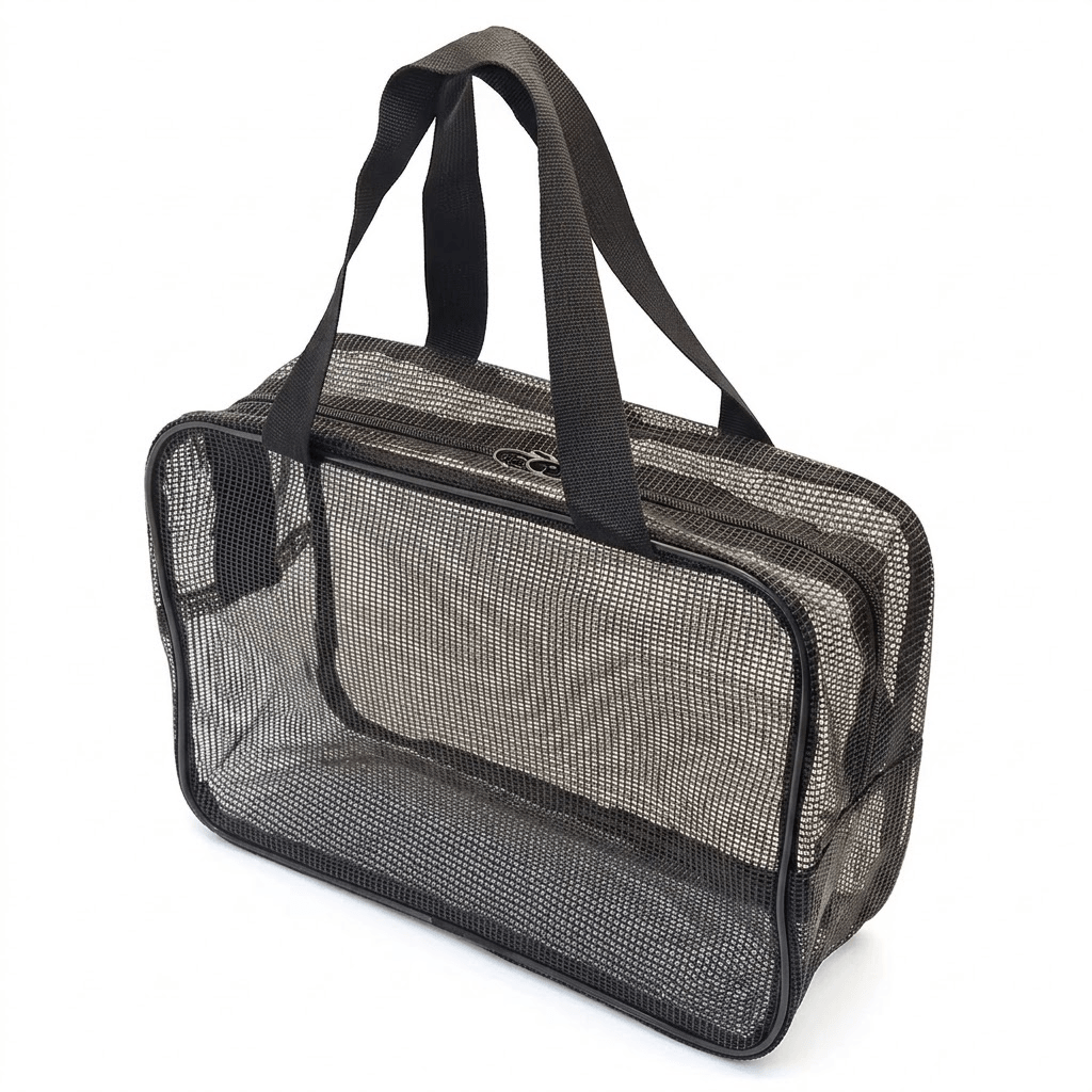 handheld mesh travel toiletry bag for beach swimming and bathroom storage