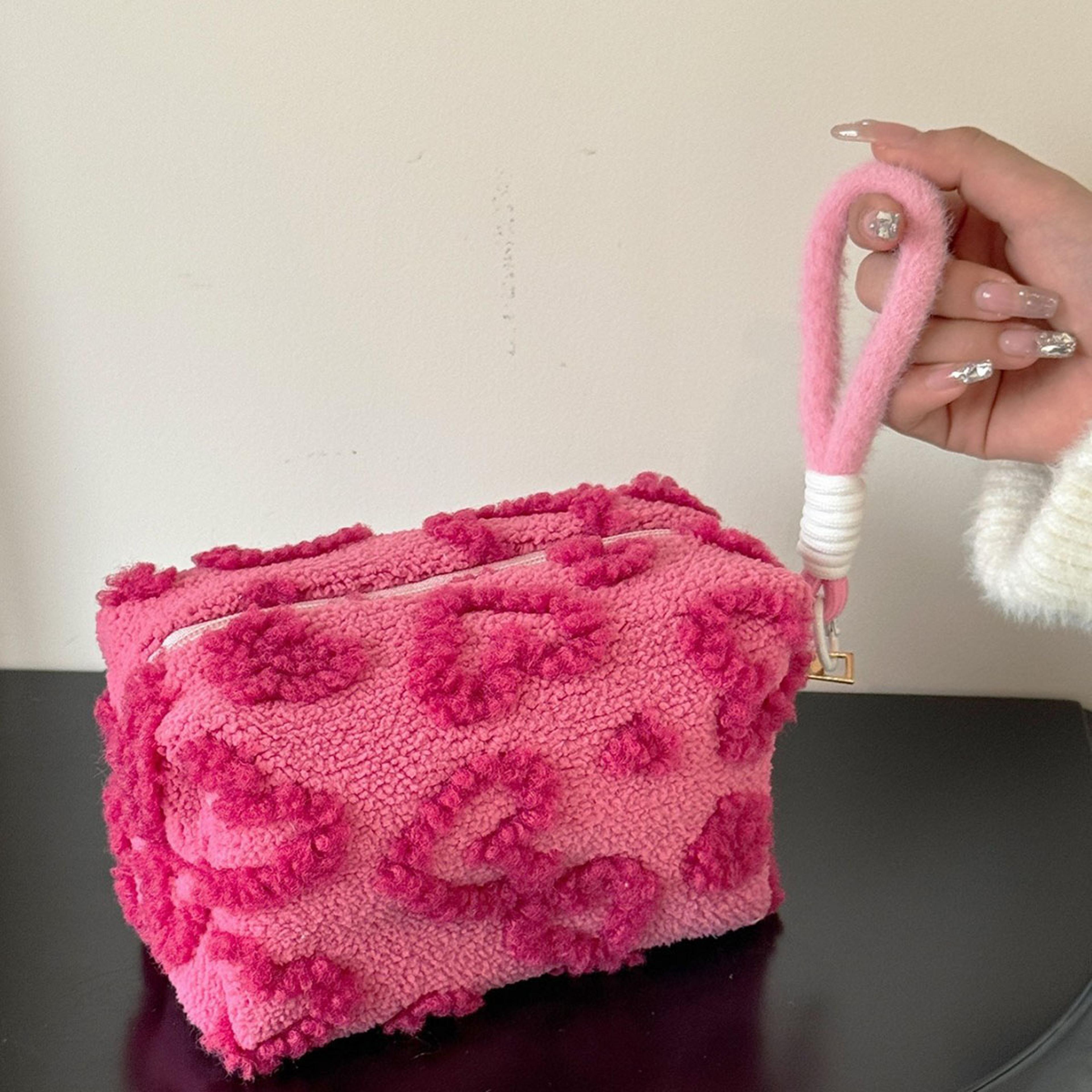 soft plush makeup bag with handle, cute travel cosmetic organizer pouch