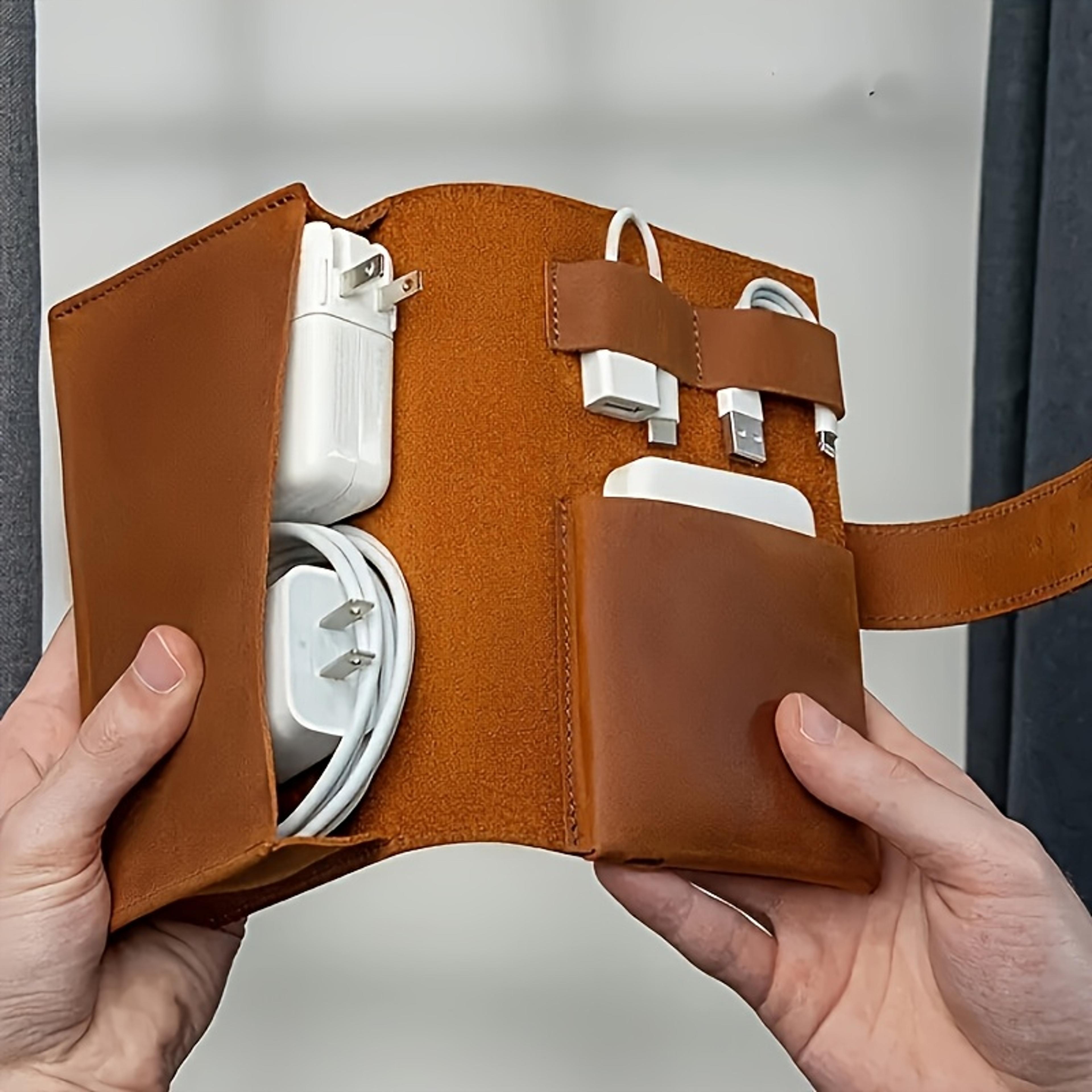 tech organizer case with pu leather multi-compartment storage for cables, chargers and pens