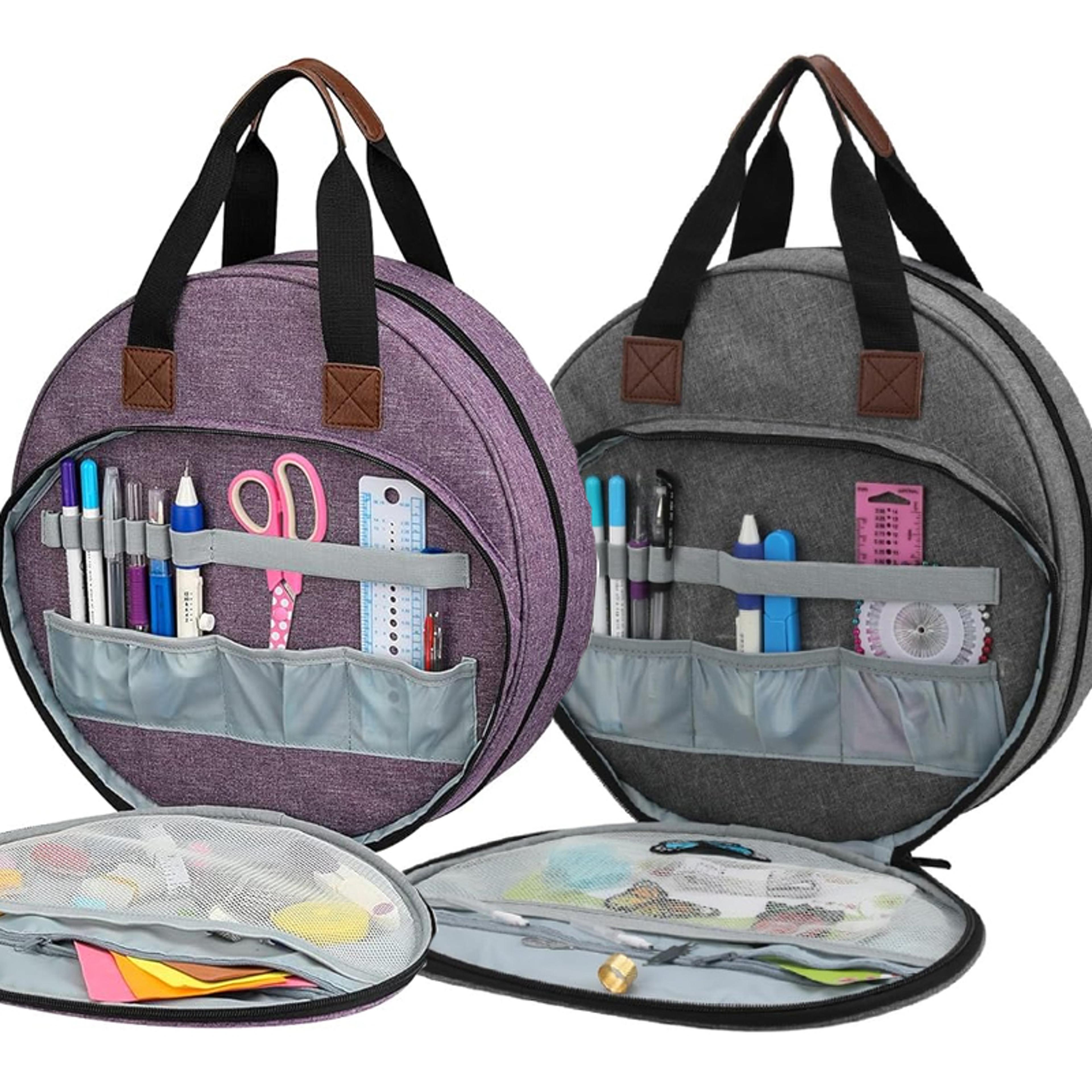 purple cross stitch storage bag with zipper pockets for embroidery, sewing and knitting