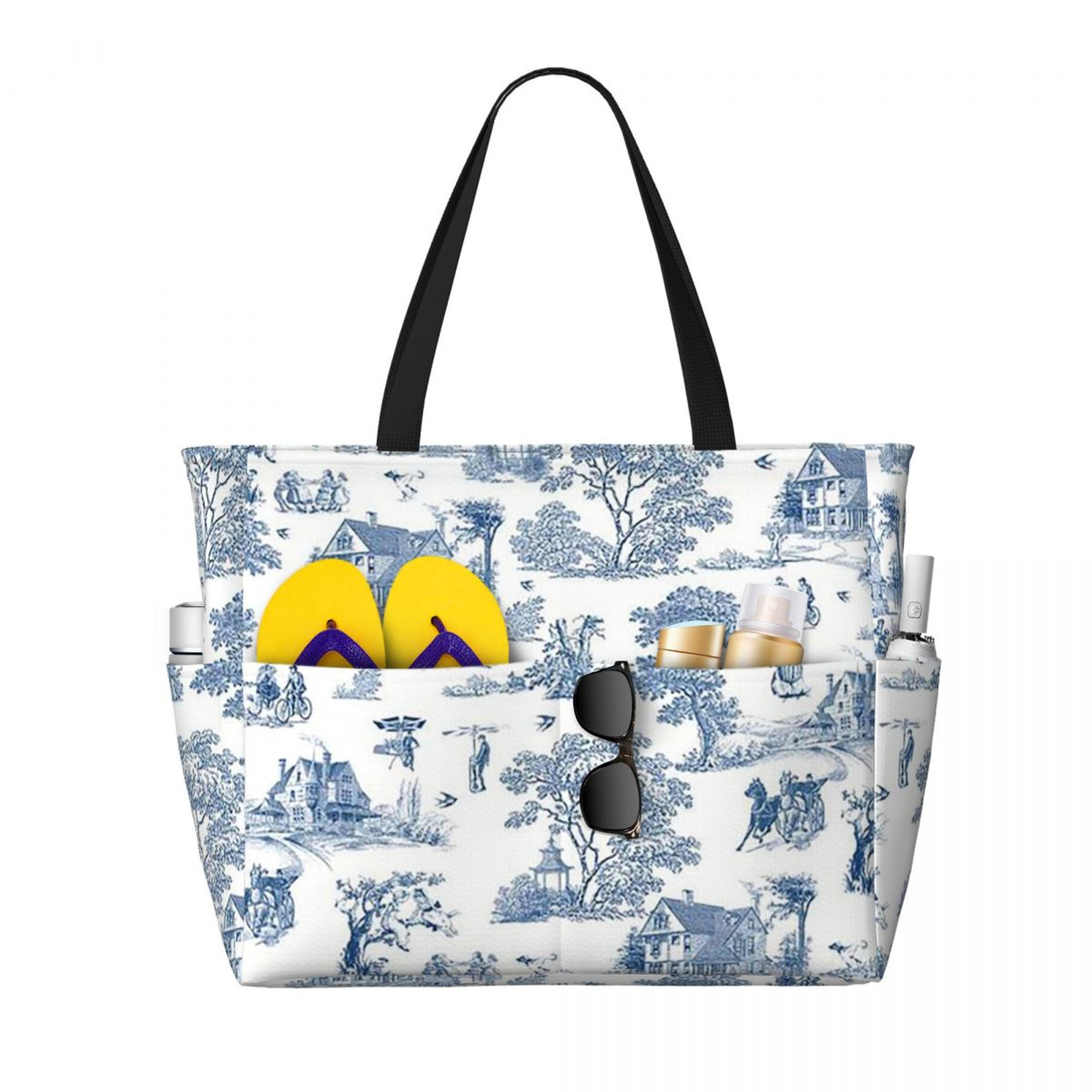 french toile de jouy large beach tote bag for travel gym yoga and weekend use