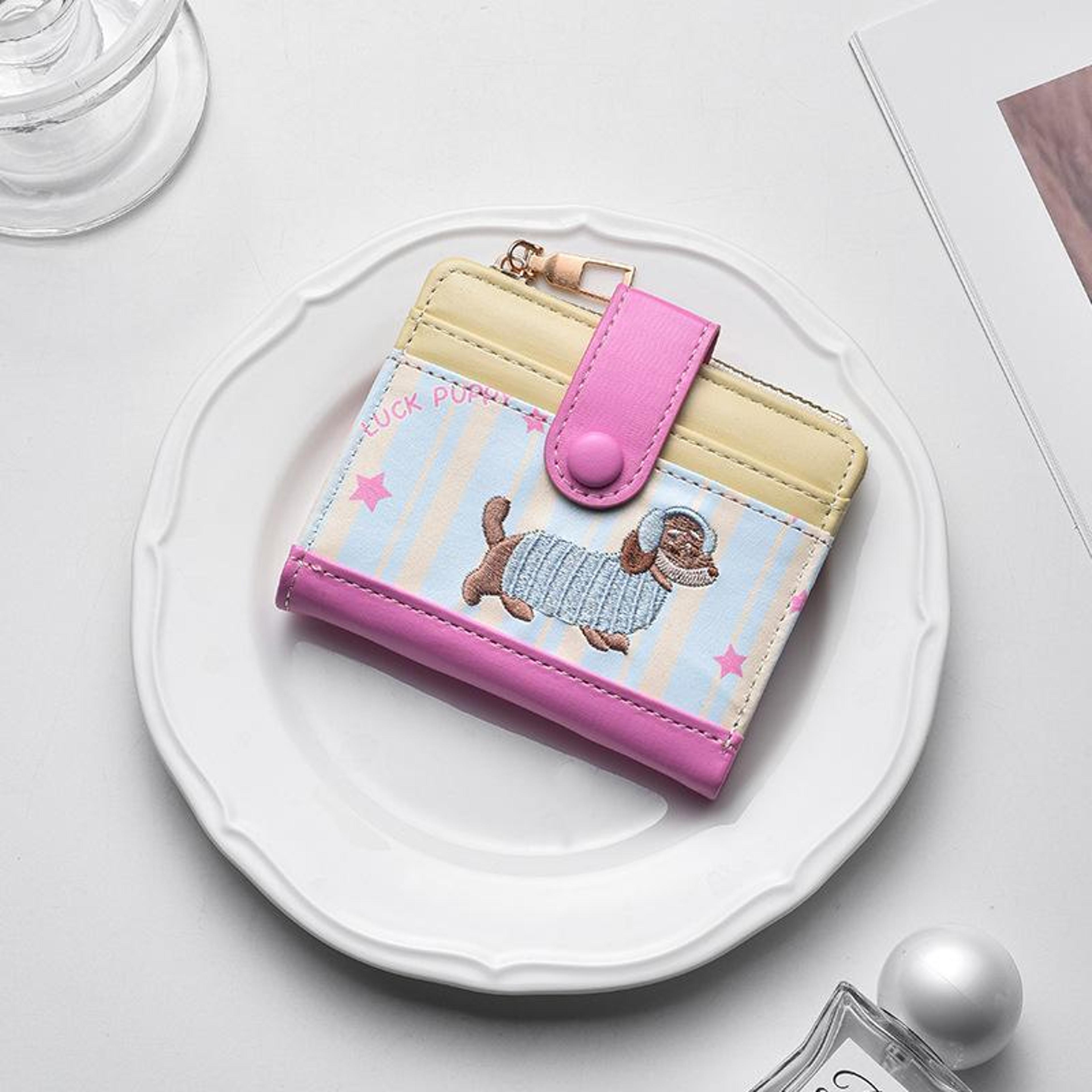 cute dachshund card holder pu leather slim wallet with zipper pocket