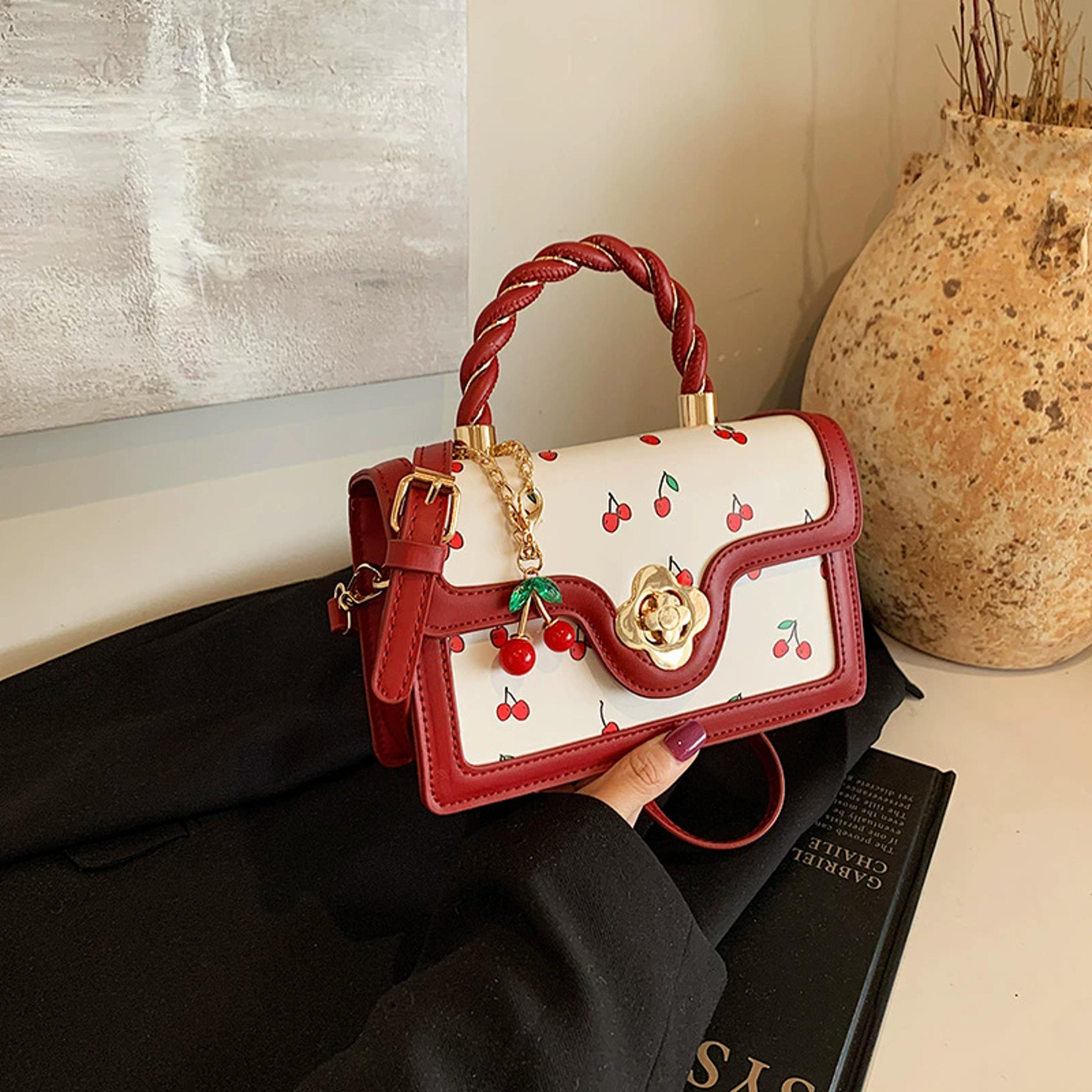cherry print crossbody bag top handle square shoulder purse for women