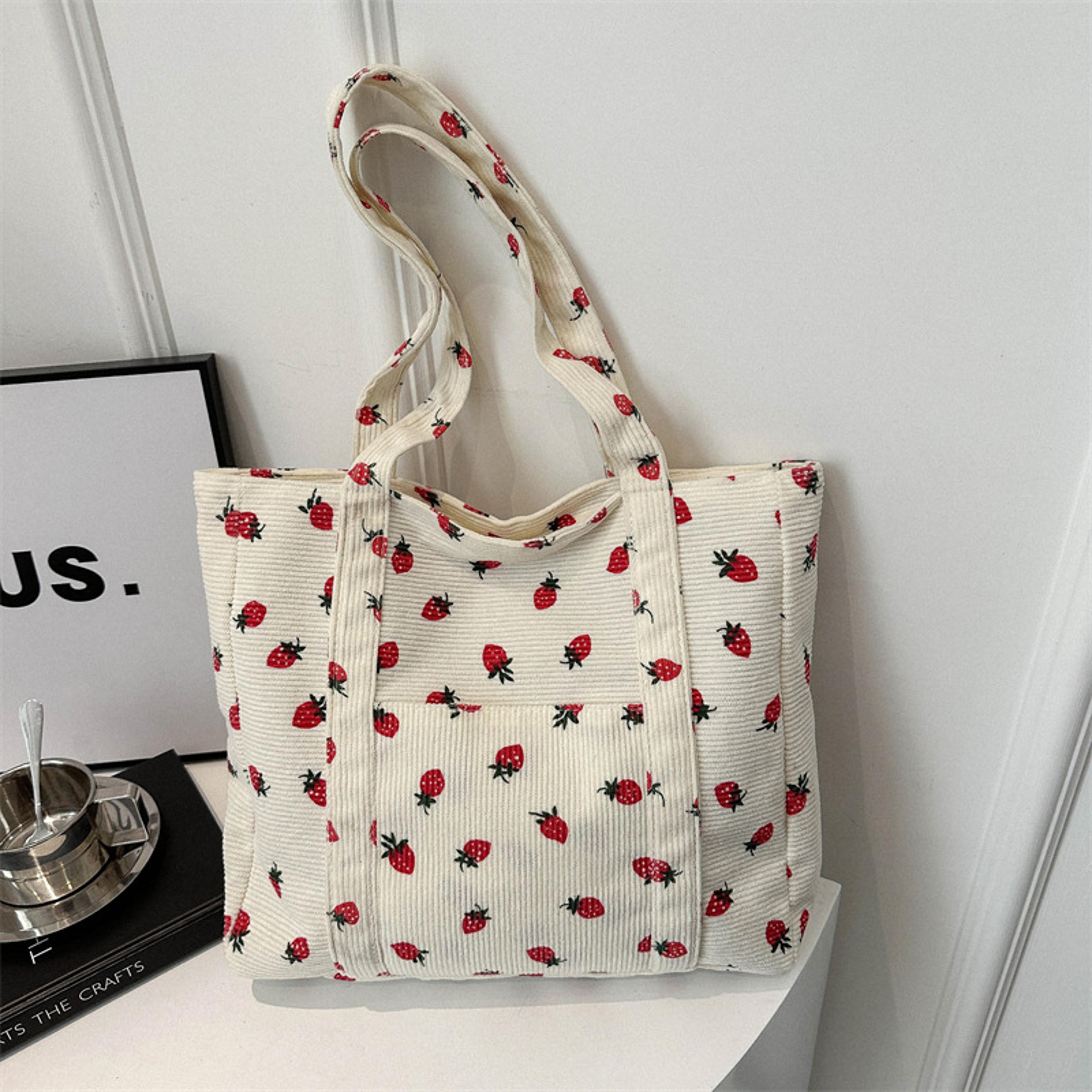 strawberry corduroy tote bag large capacity shoulder bag for women