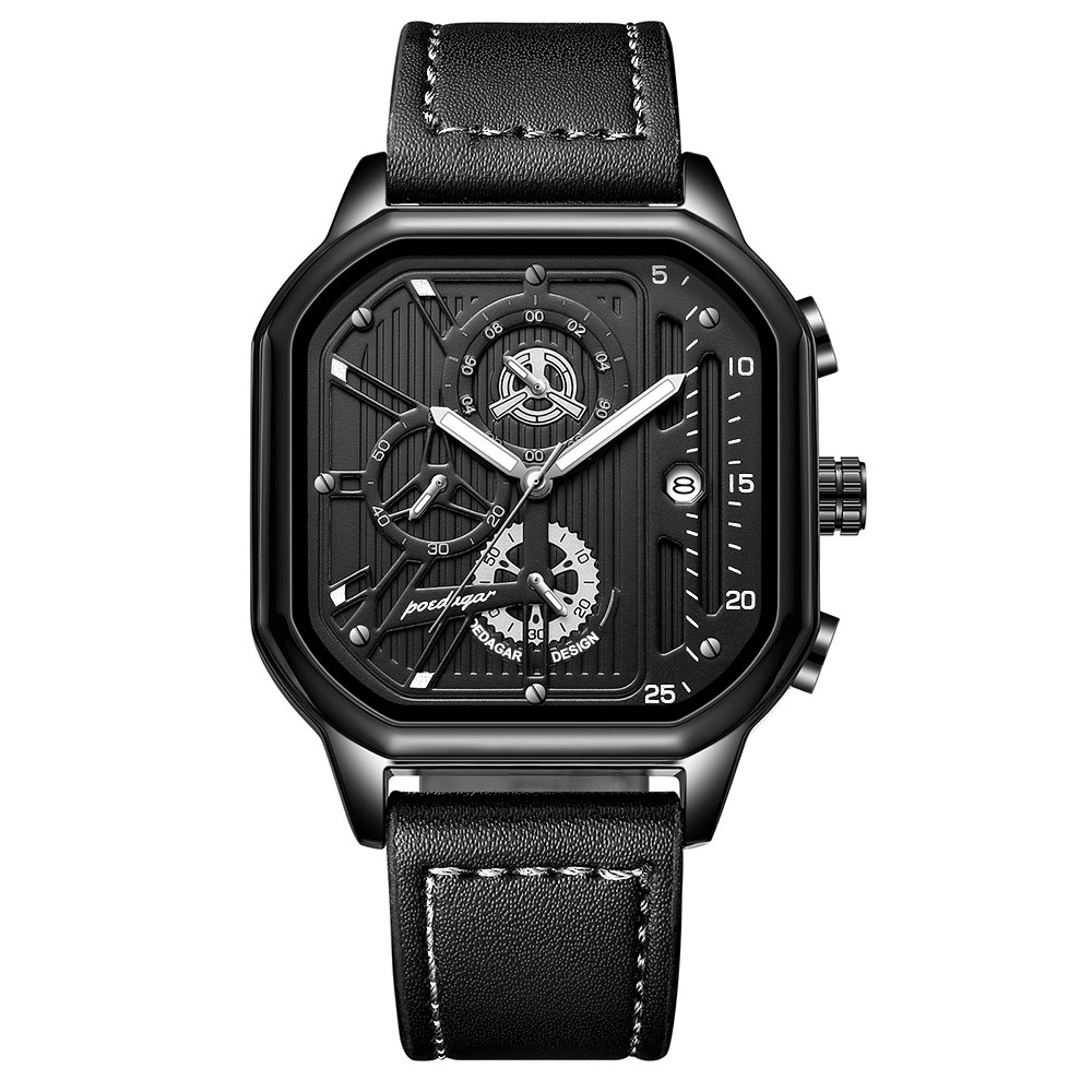 luxury men quartz watch with chronograph, date display and luminous leather strap