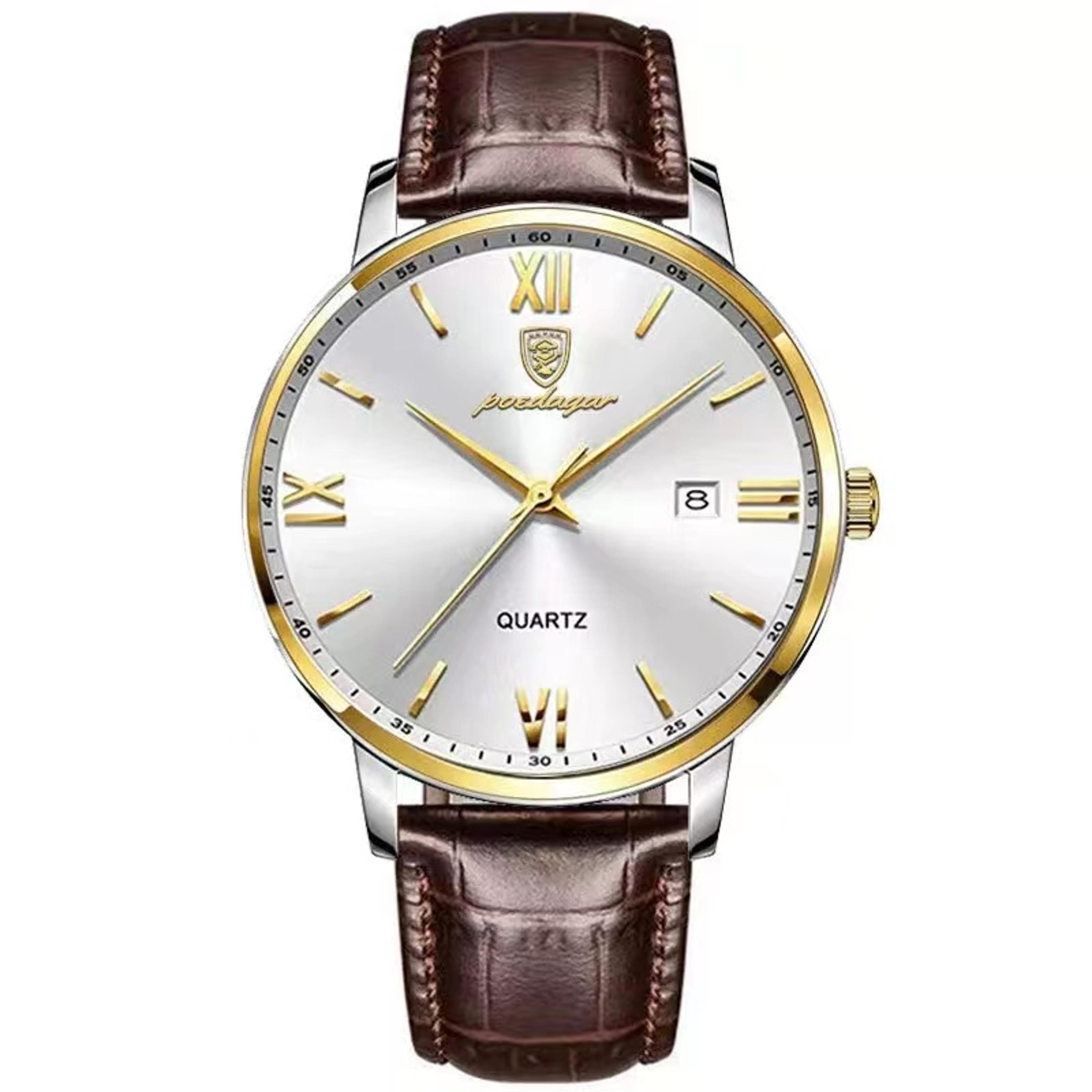 men leather quartz watch with luminous dial and date display