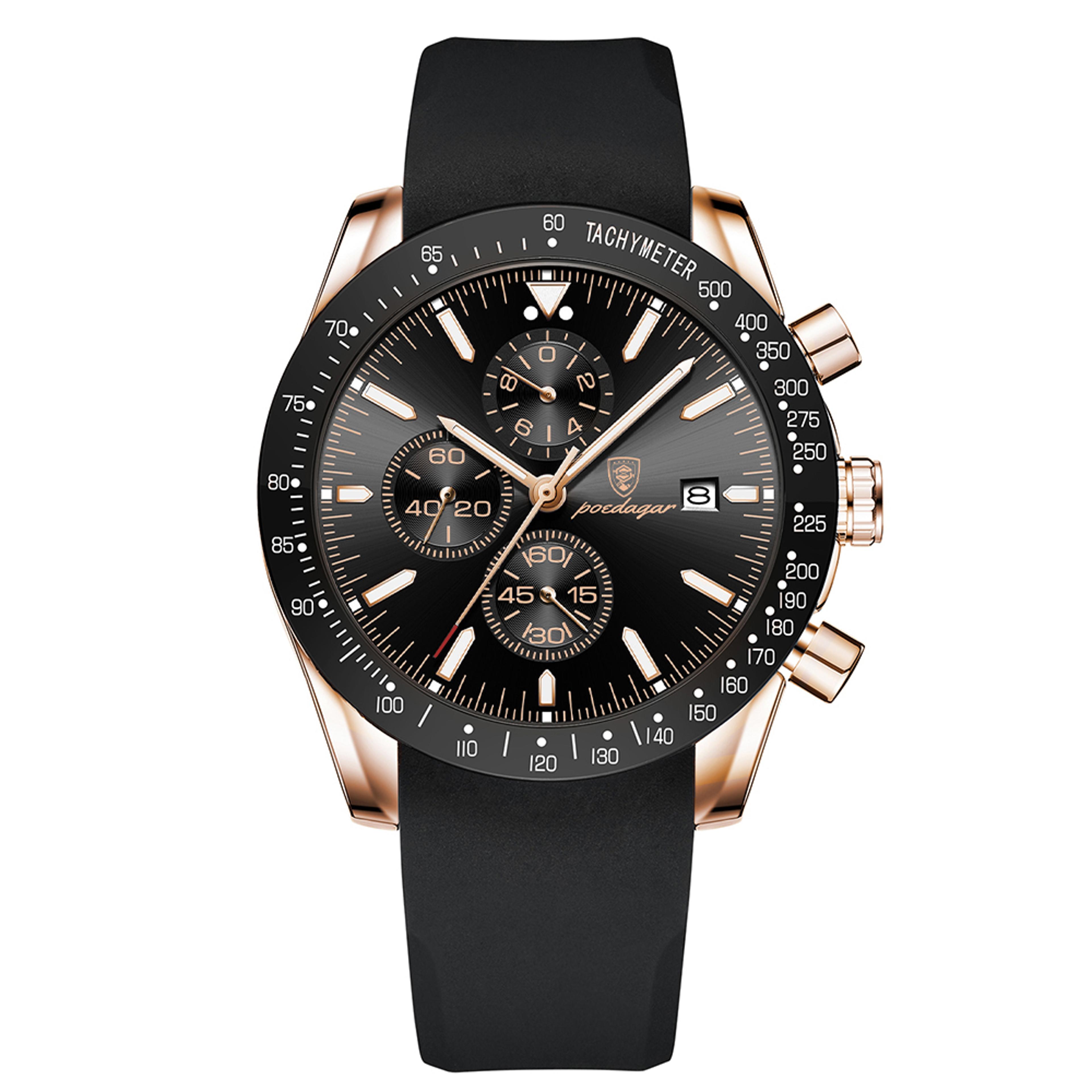 waterproof men chronograph watch with luminous quartz dial and leather strap
