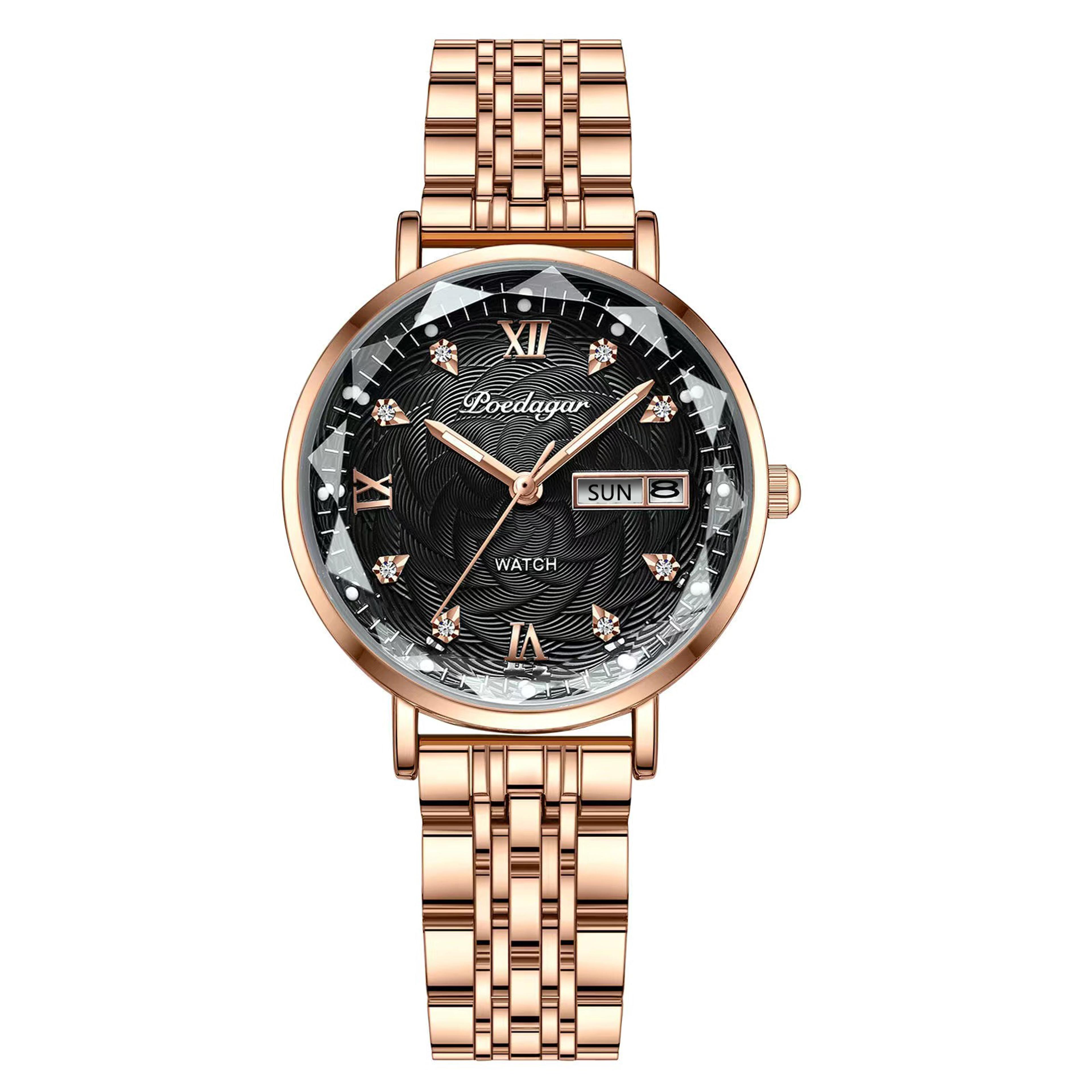 elegant women stainless steel waterproof quartz watch with date week display