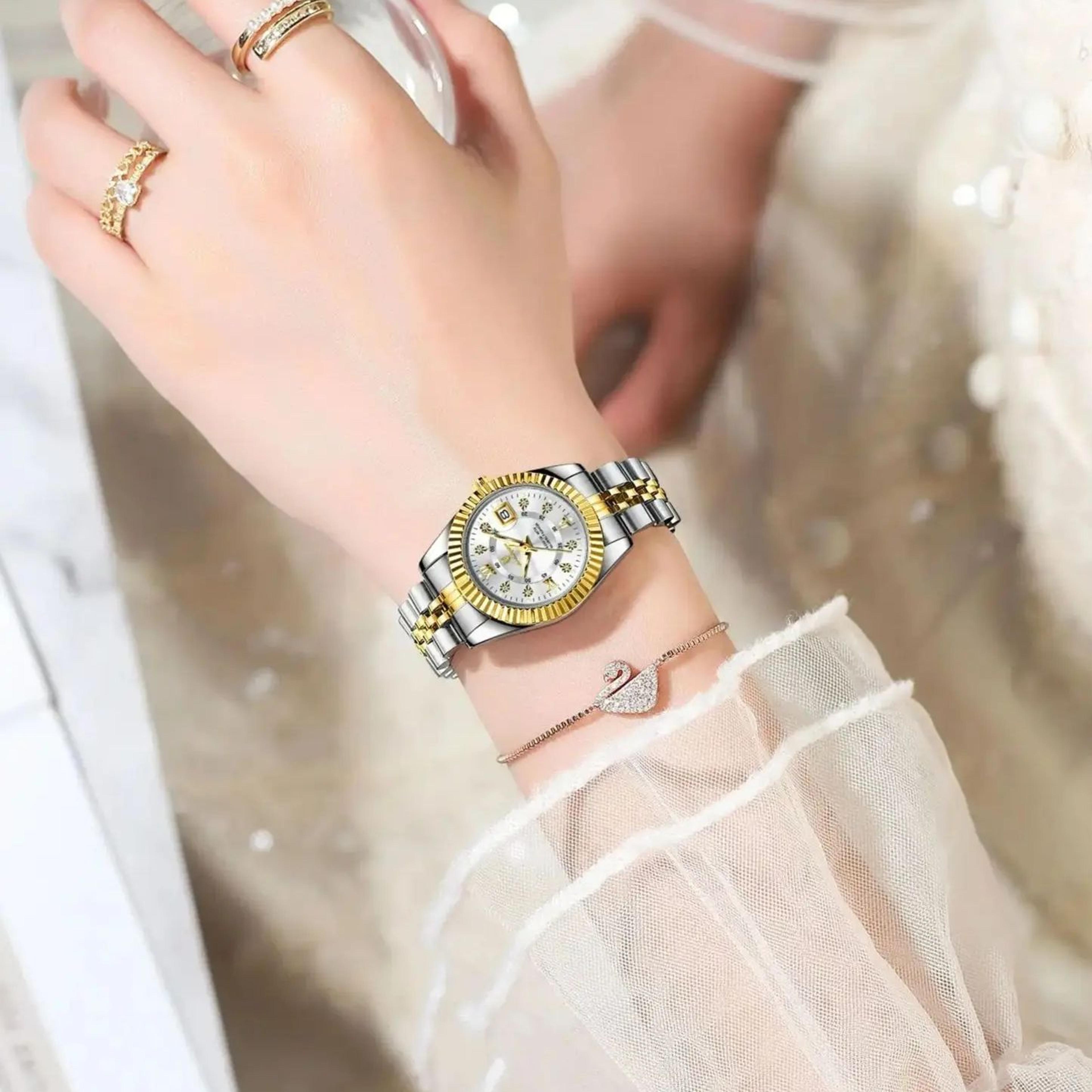 elegant women waterproof quartz watch with stainless steel strap and luminous date display
