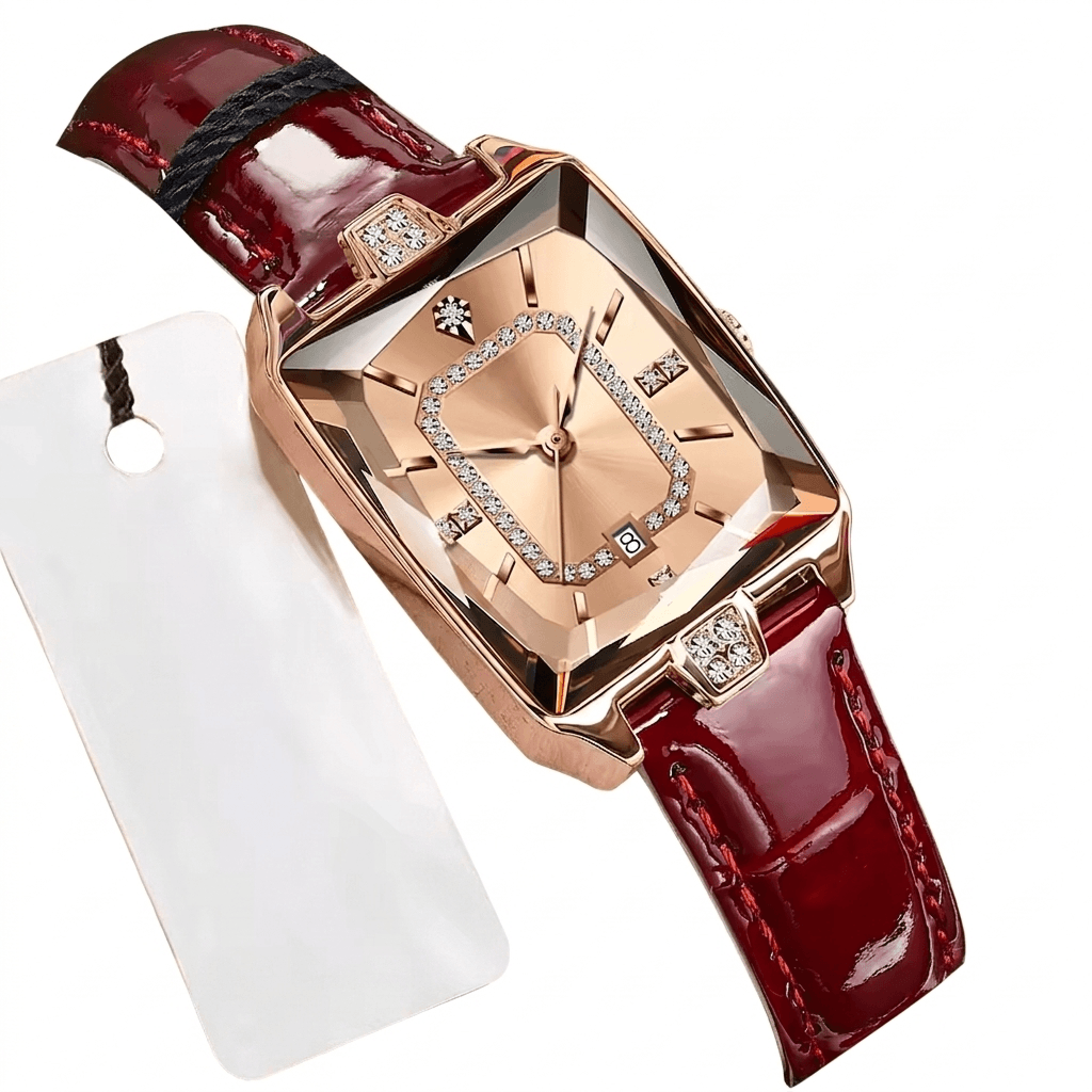 luxury rectangle leather quartz watch for women with waterproof date display