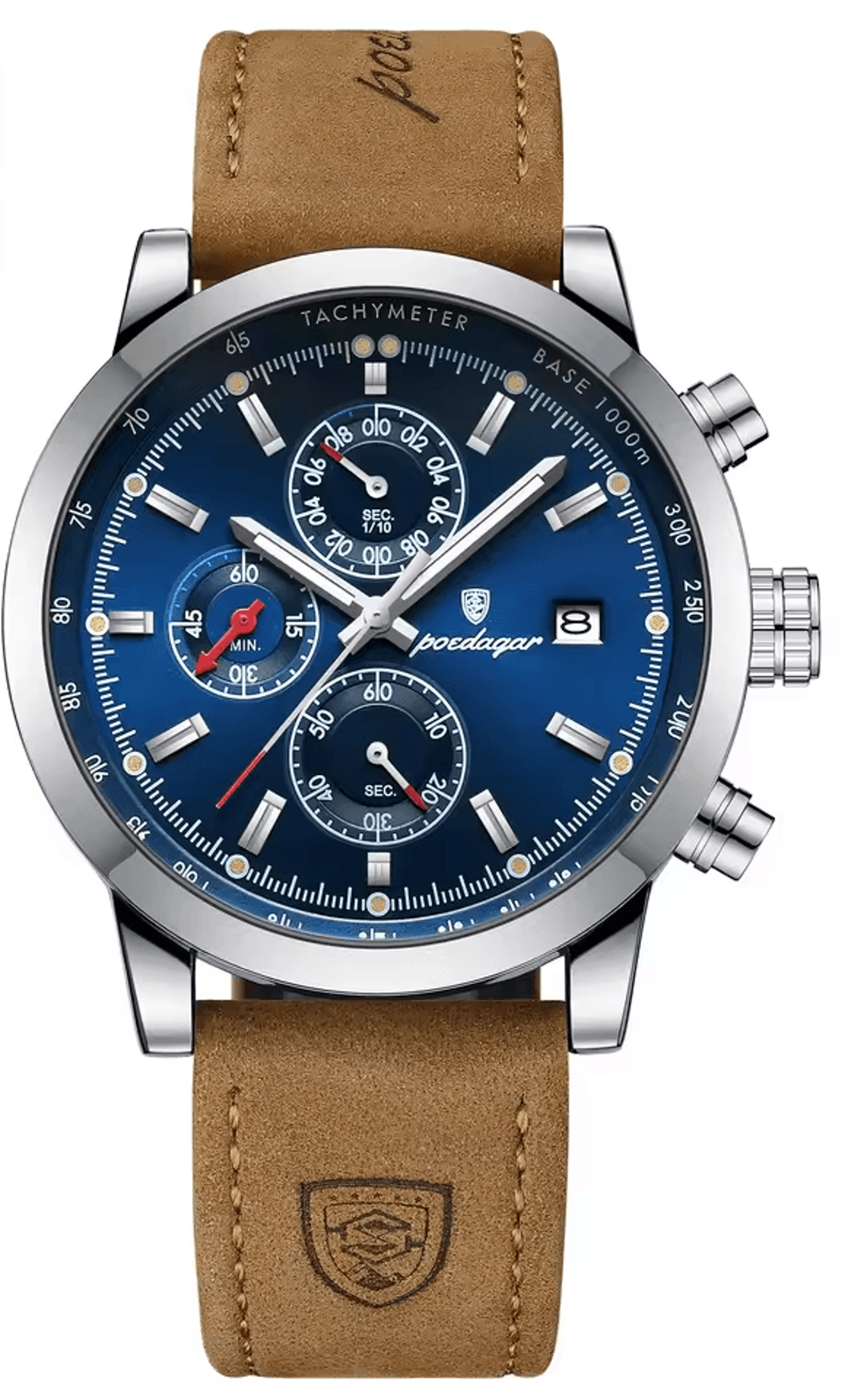 men's chronograph watch with leather strap luminous date display
