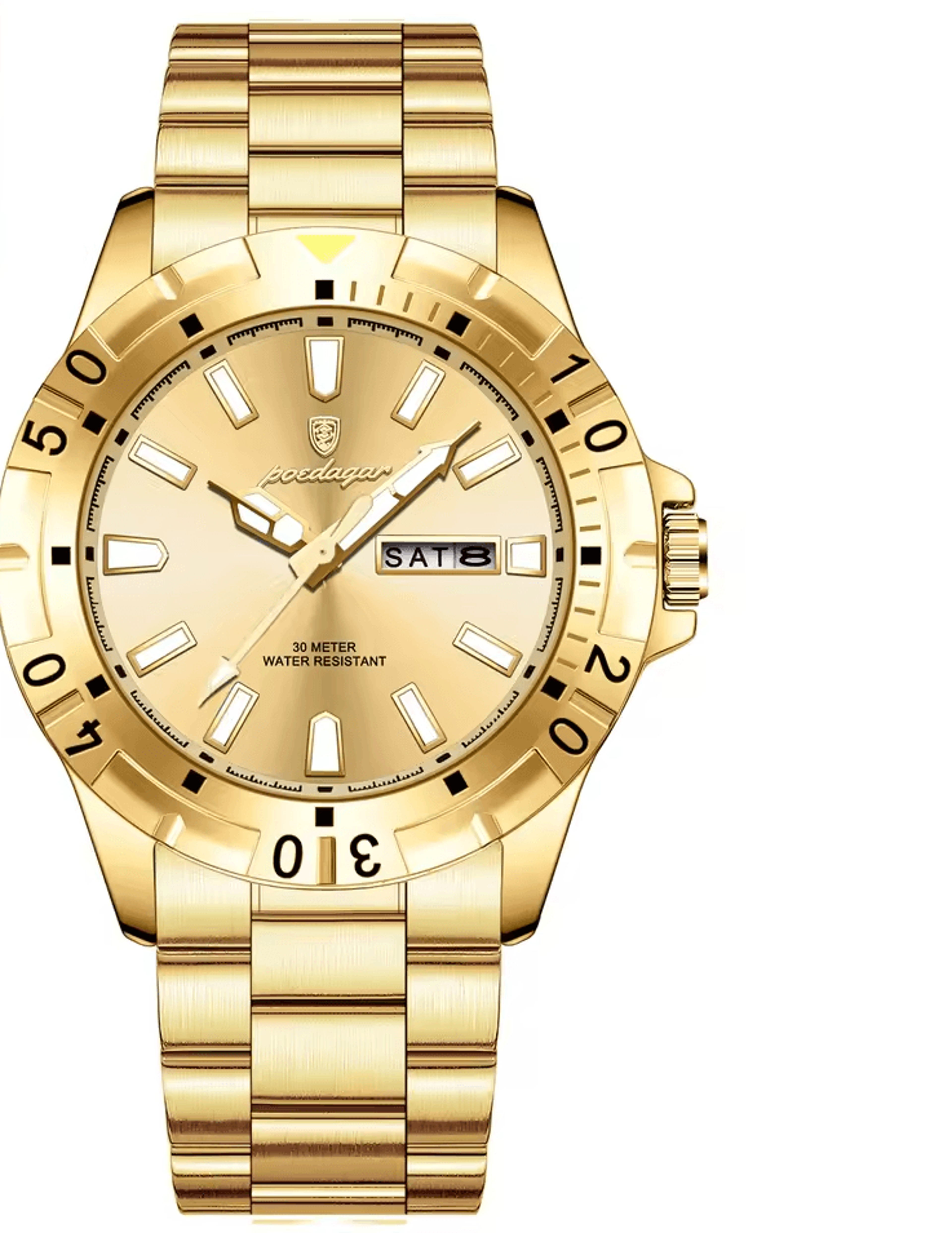 luxury men quartz watch with luminous dial, date week display and stainless steel band