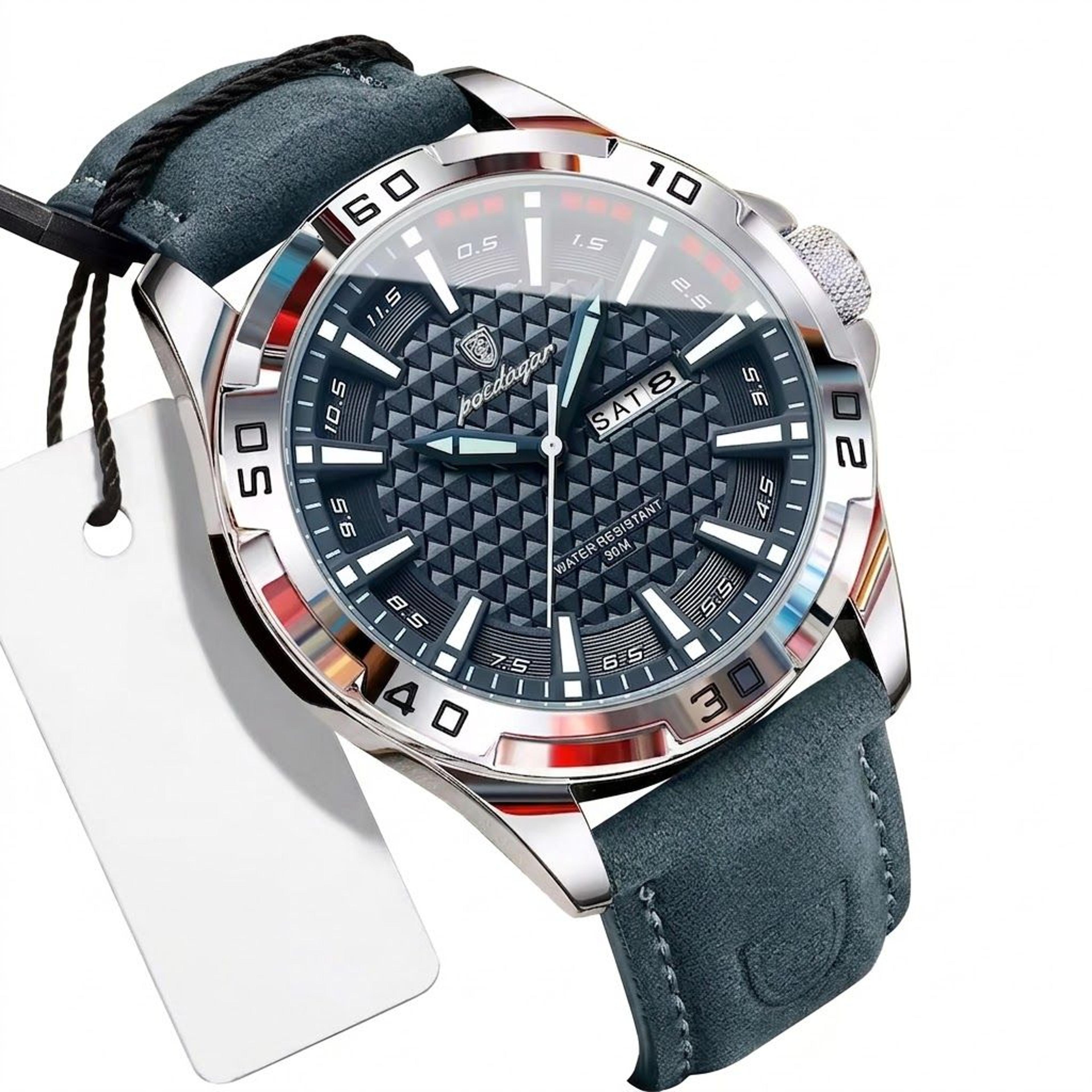 waterproof men leather quartz watch with luminous date week display