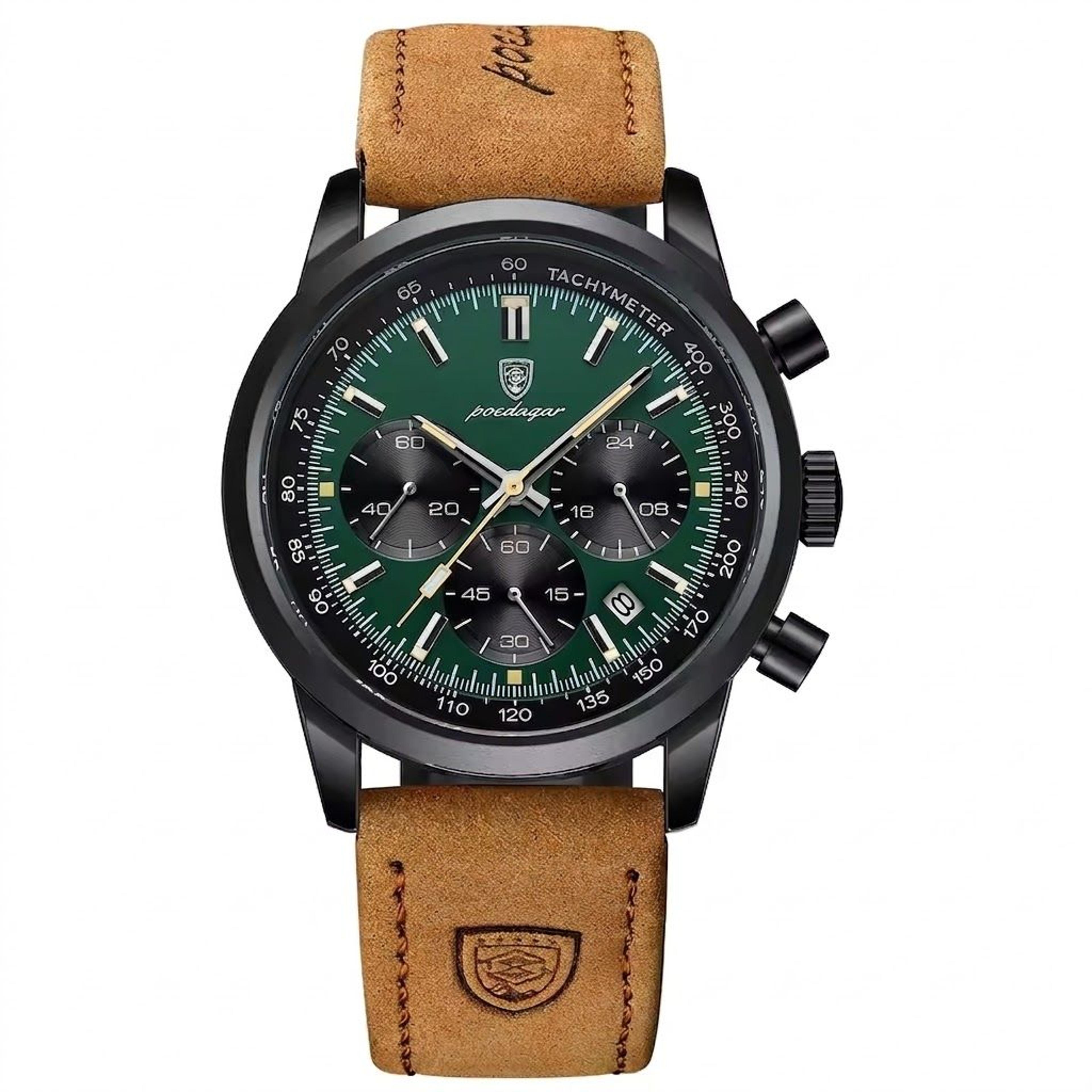 luxury waterproof men chronograph watch with luminous dial and leather strap