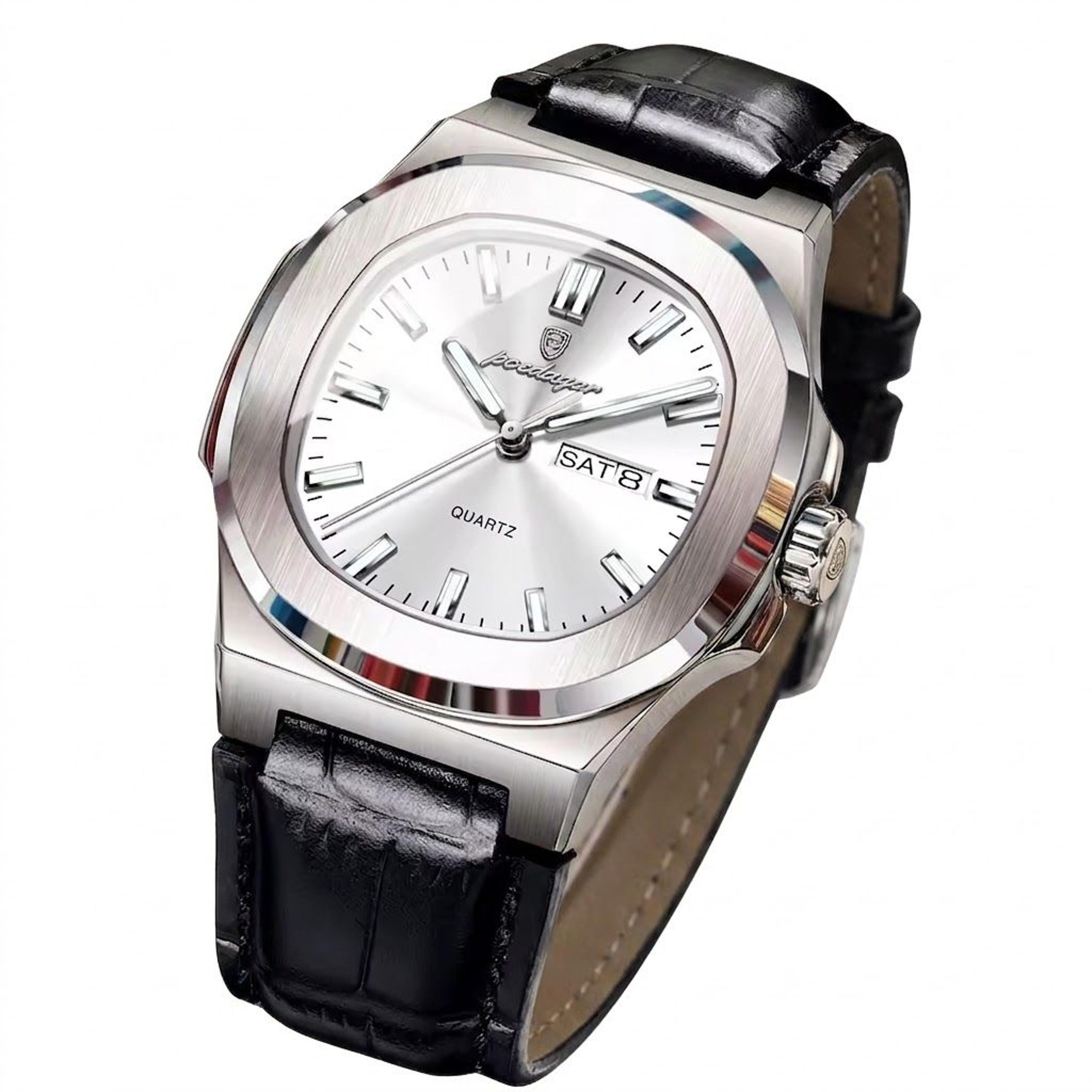 luminous waterproof men quartz watch with leather strap and week date display