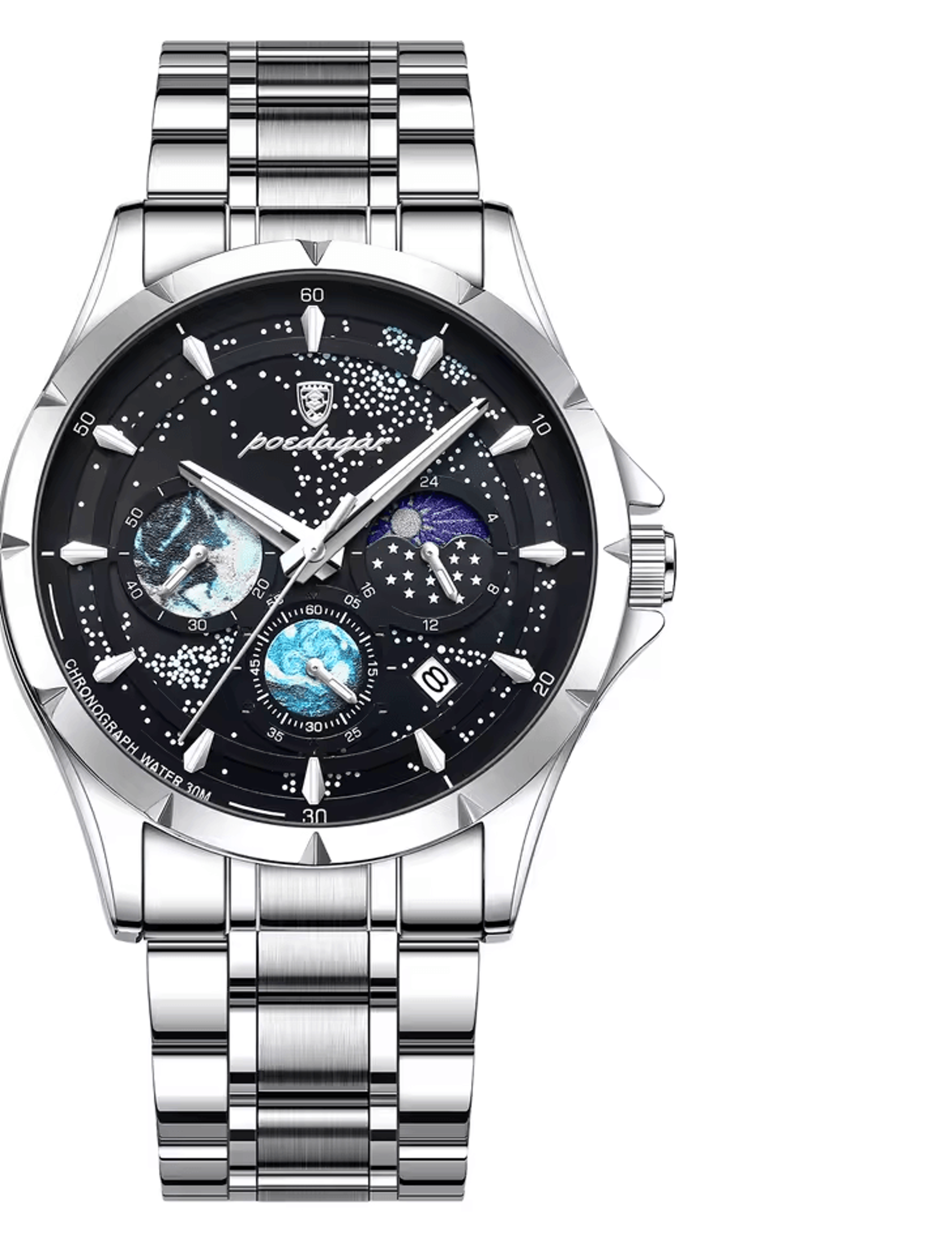 luxury men's stainless steel chronograph quartz watch with luminous date display