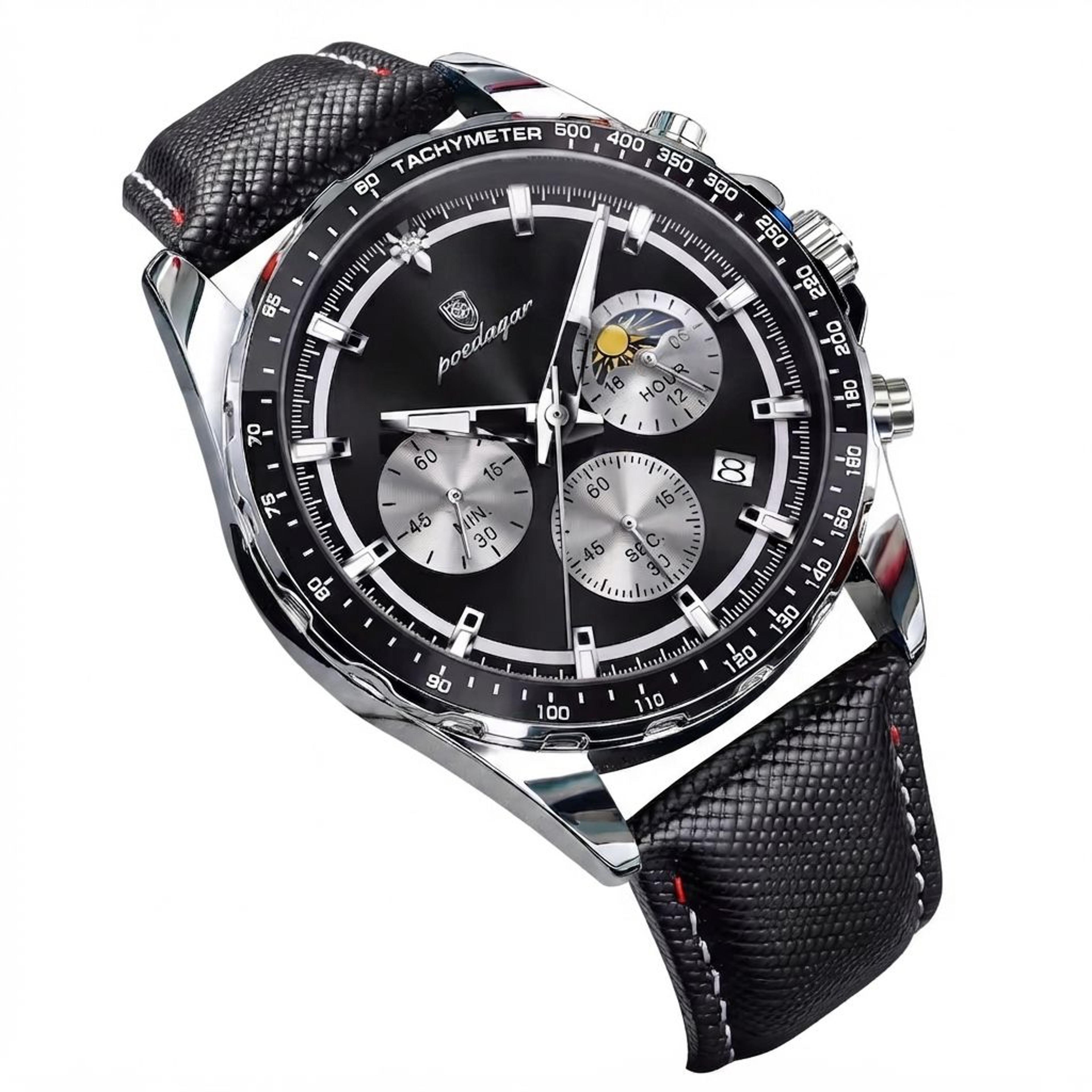luxury men leather chronograph watch with luminous dial waterproof sports design