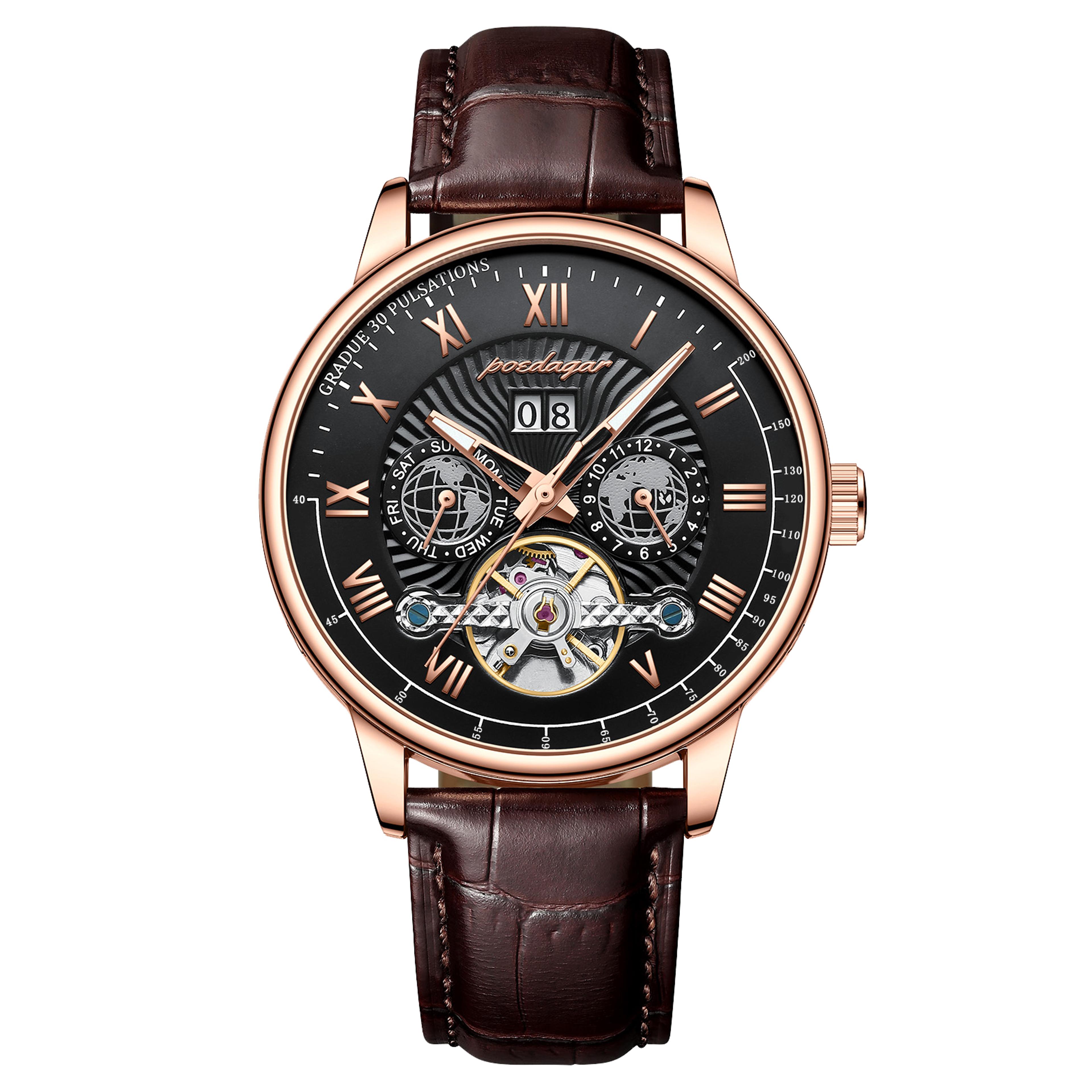 luxury automatic mechanical men's watch with hollow dial leather strap waterproof business timepiece