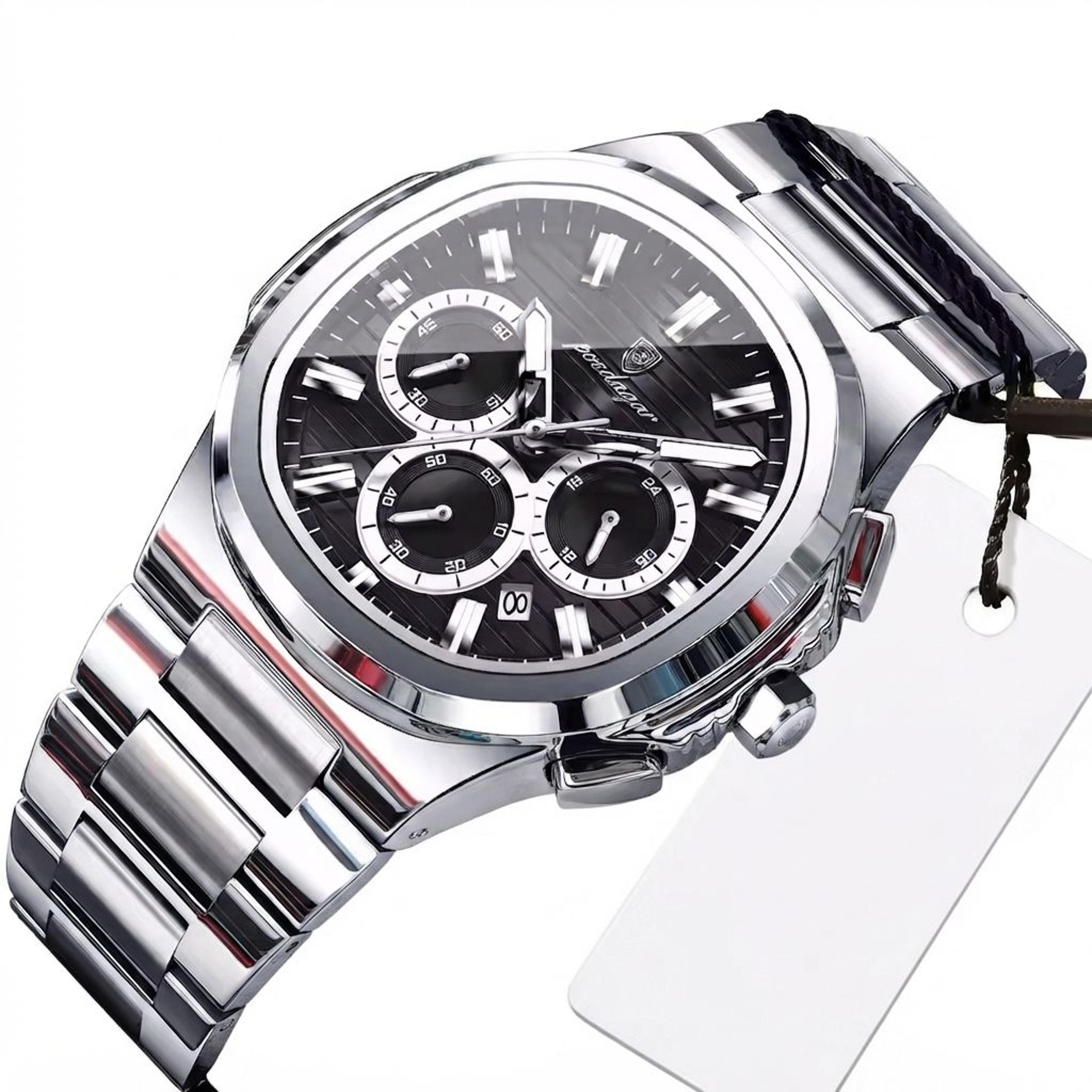 luxury stainless steel men's chronograph watch with luminous dial waterproof business style