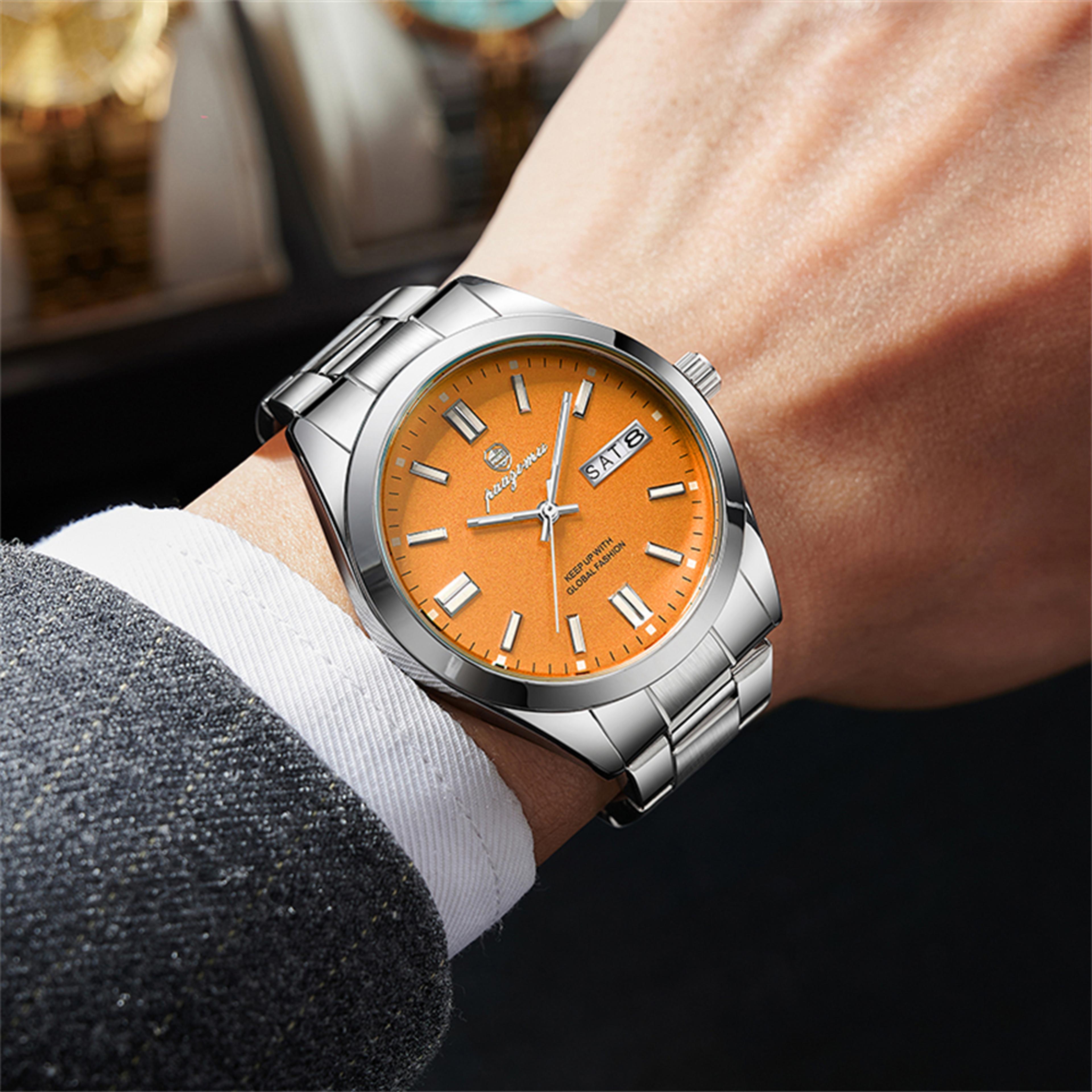 mens quartz watch stainless steel waterproof luminous date week wristwatch