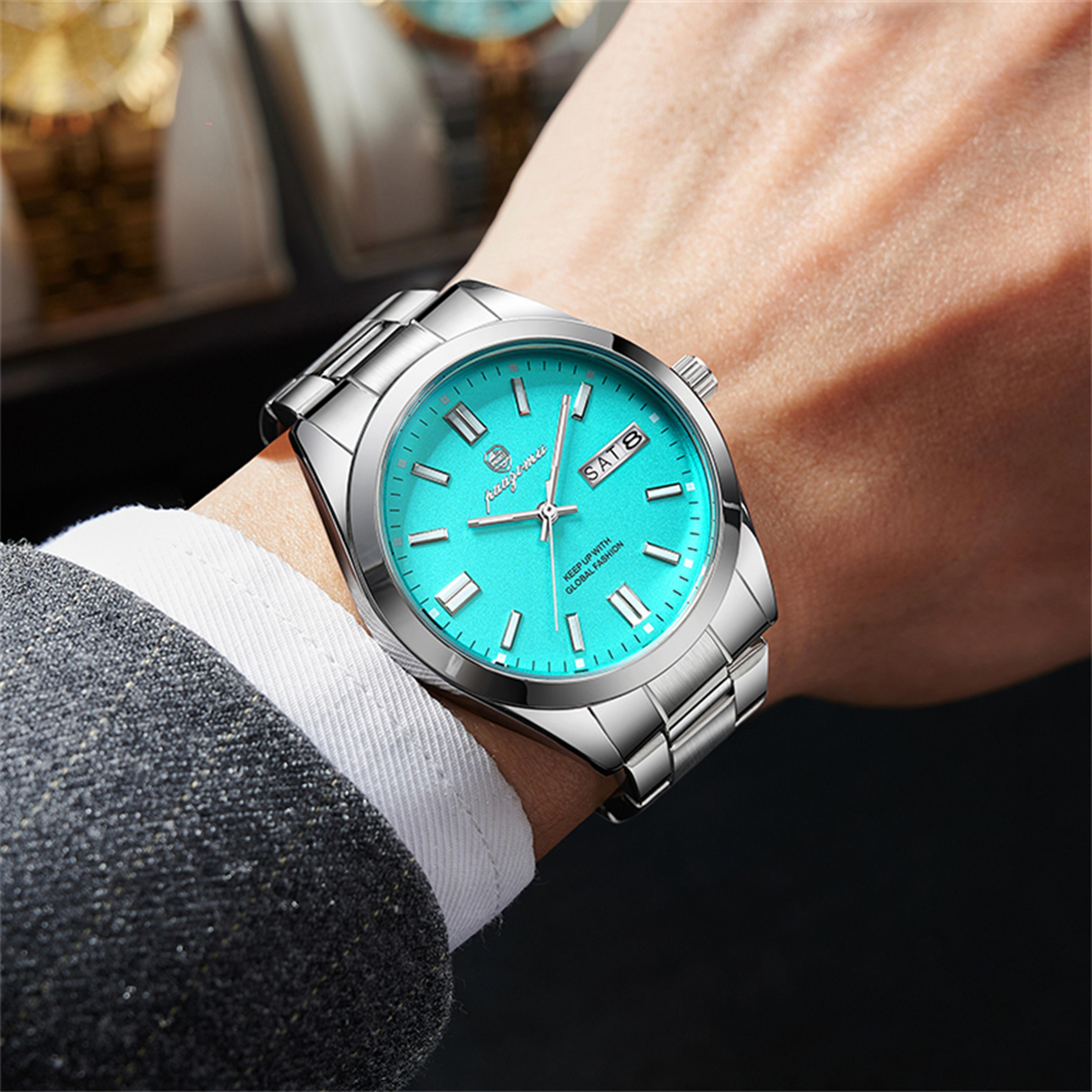 men quartz watch stainless steel day date waterproof analog wristwatch
