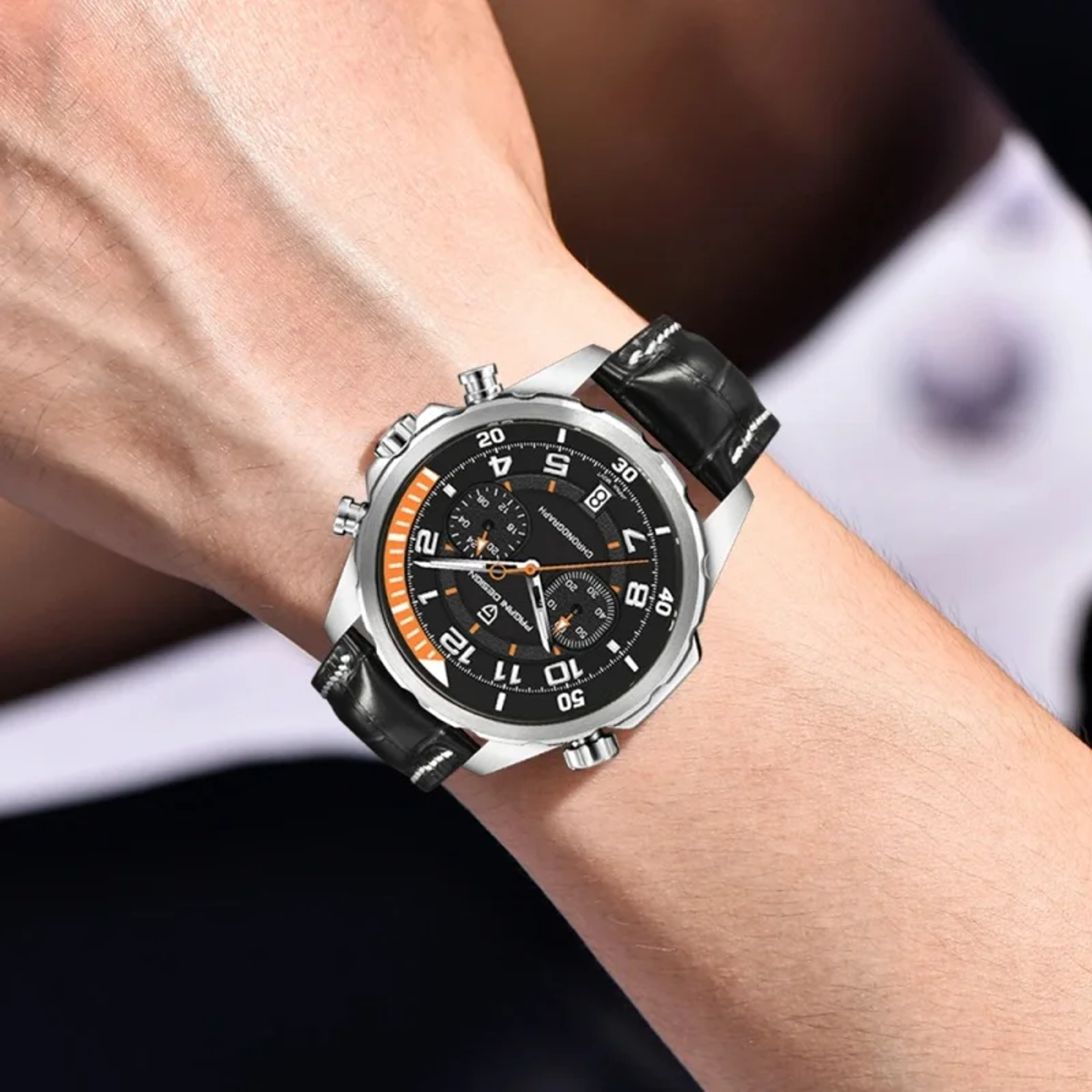 design luxury mens quartz chronograph watch with sapphire glass leather strap