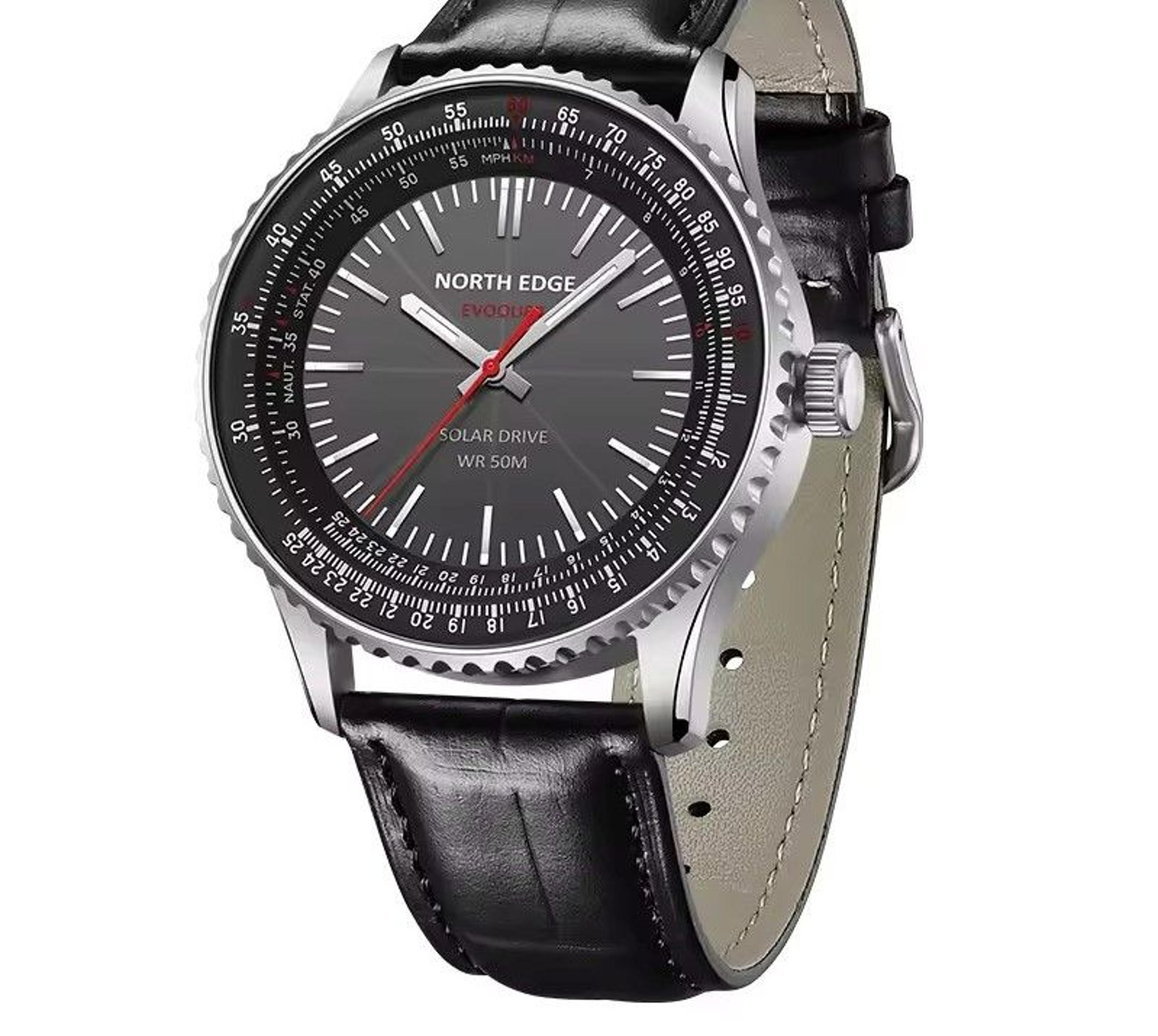 solar powered pilot watch for men with leather strap and luminous dial