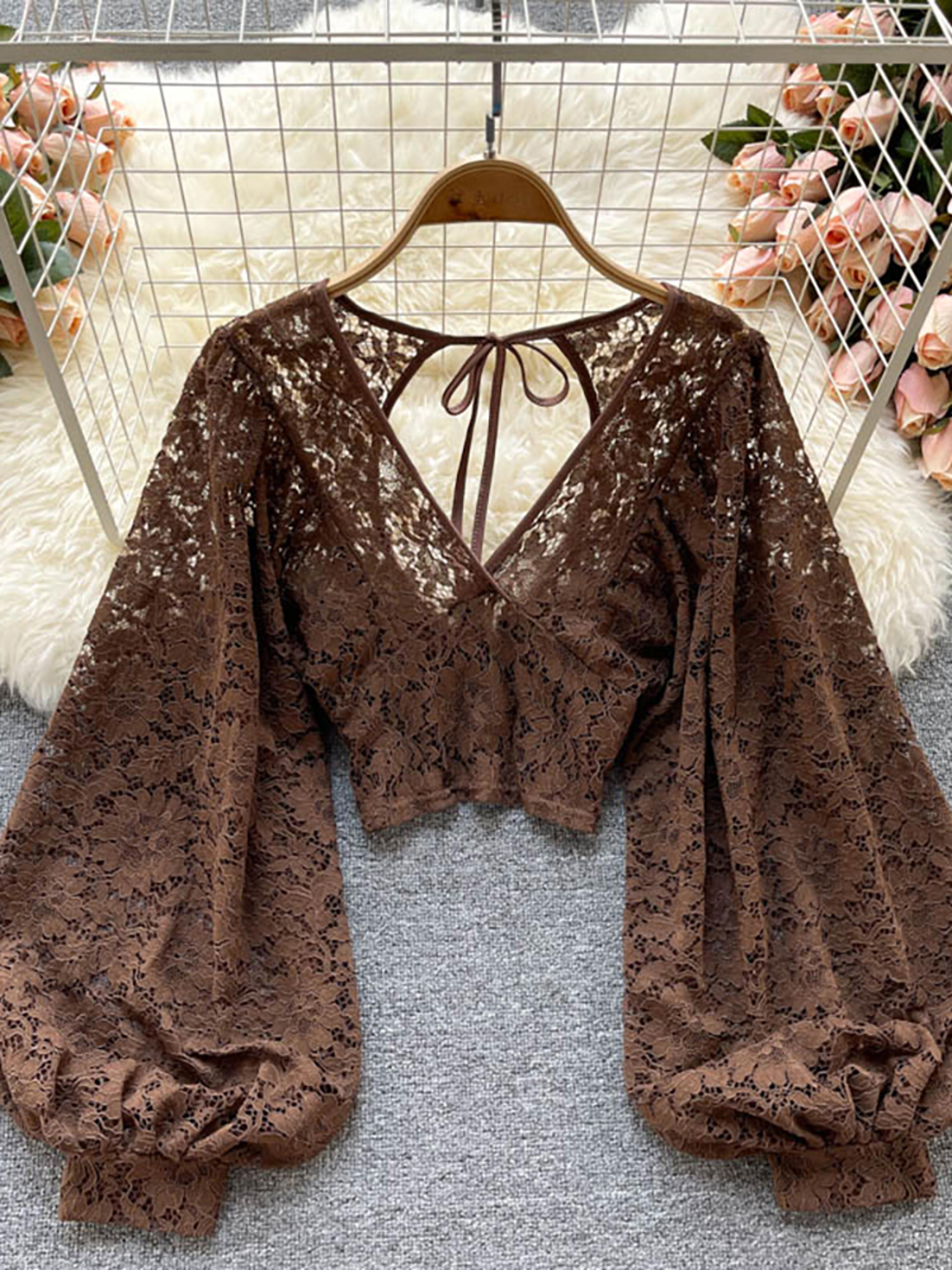 elegant lace v neck puff sleeve open back blouse