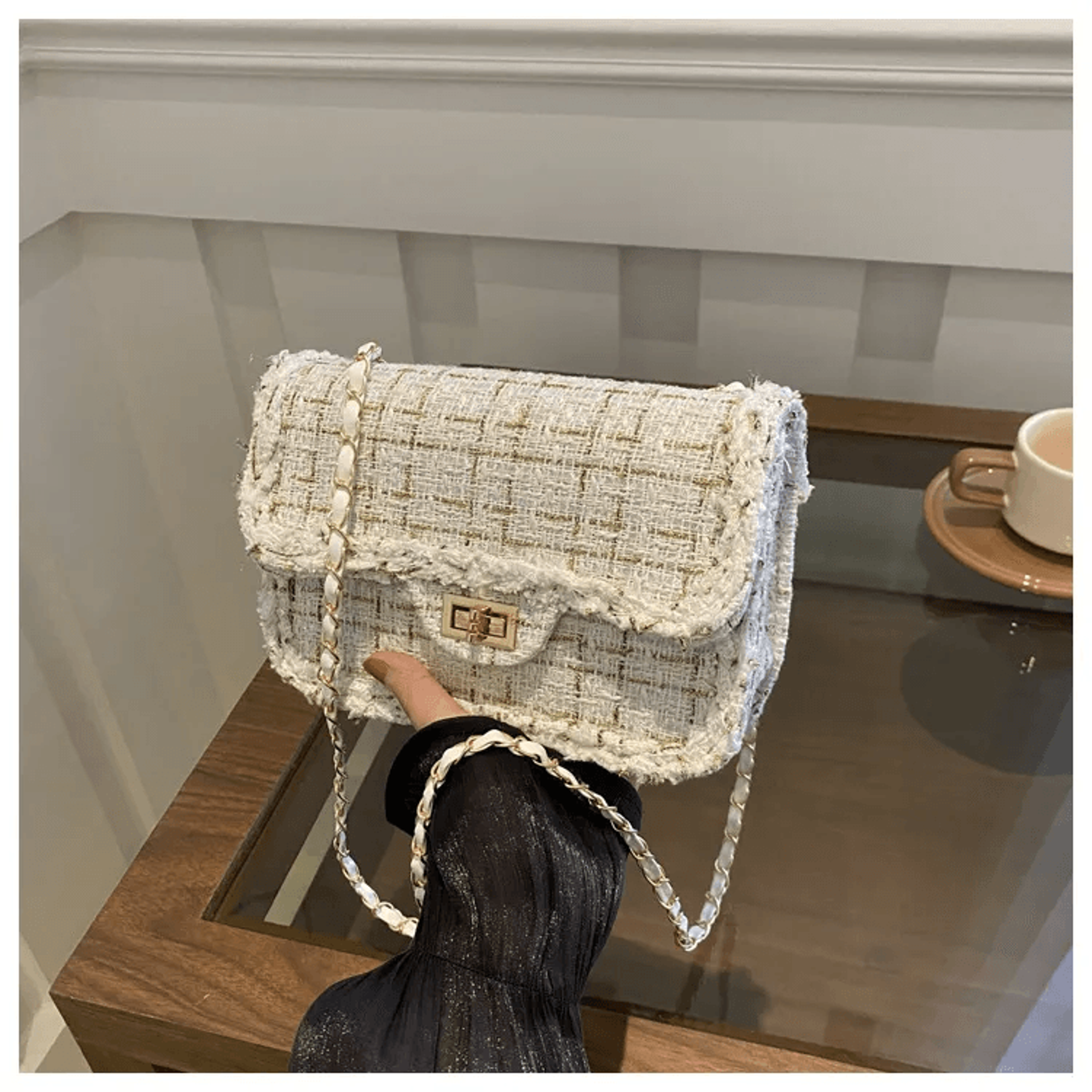 elegant tweed quilted crossbody bag for women black gold plaid chain strap