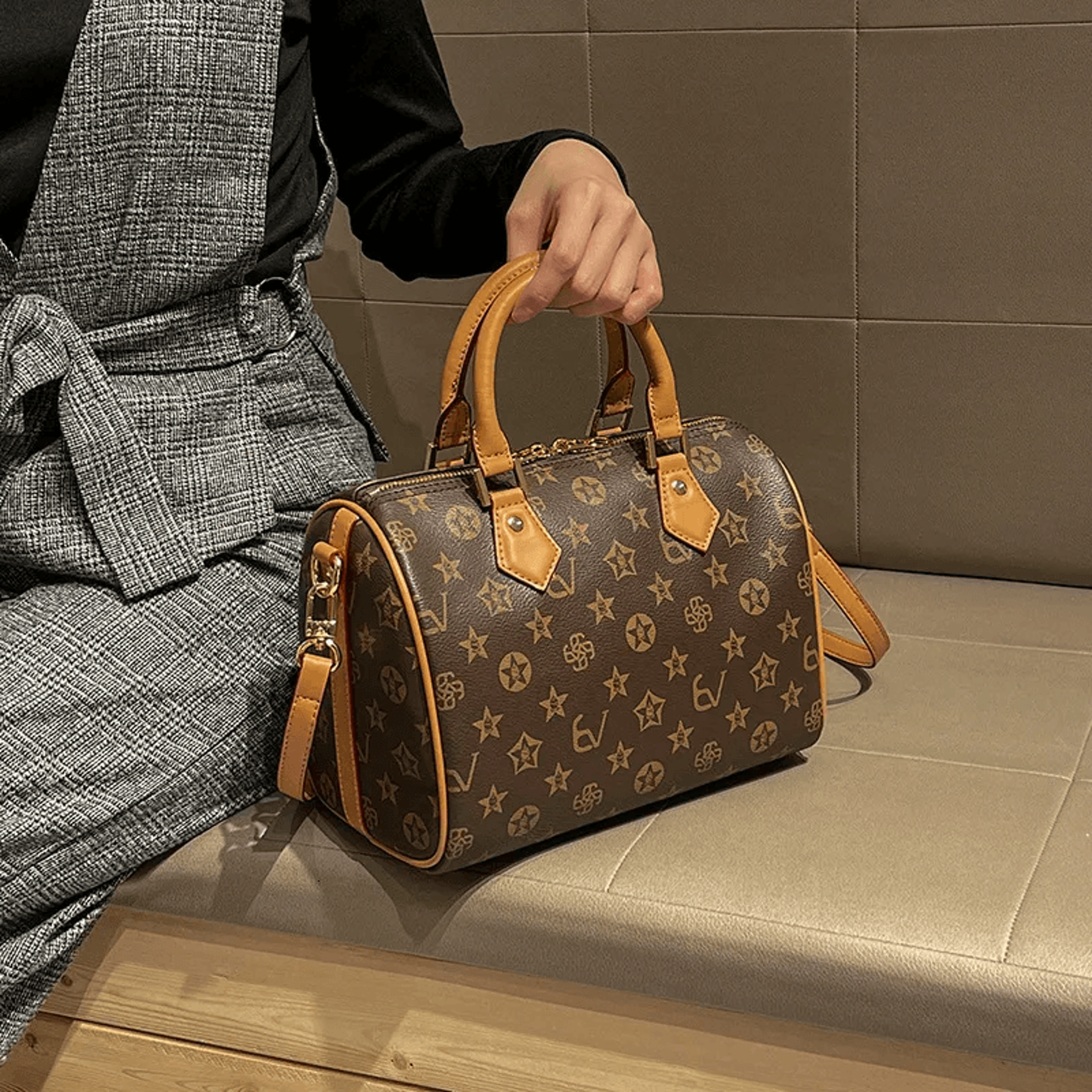 women monogram boston bag brown faux leather tote with detachable strap