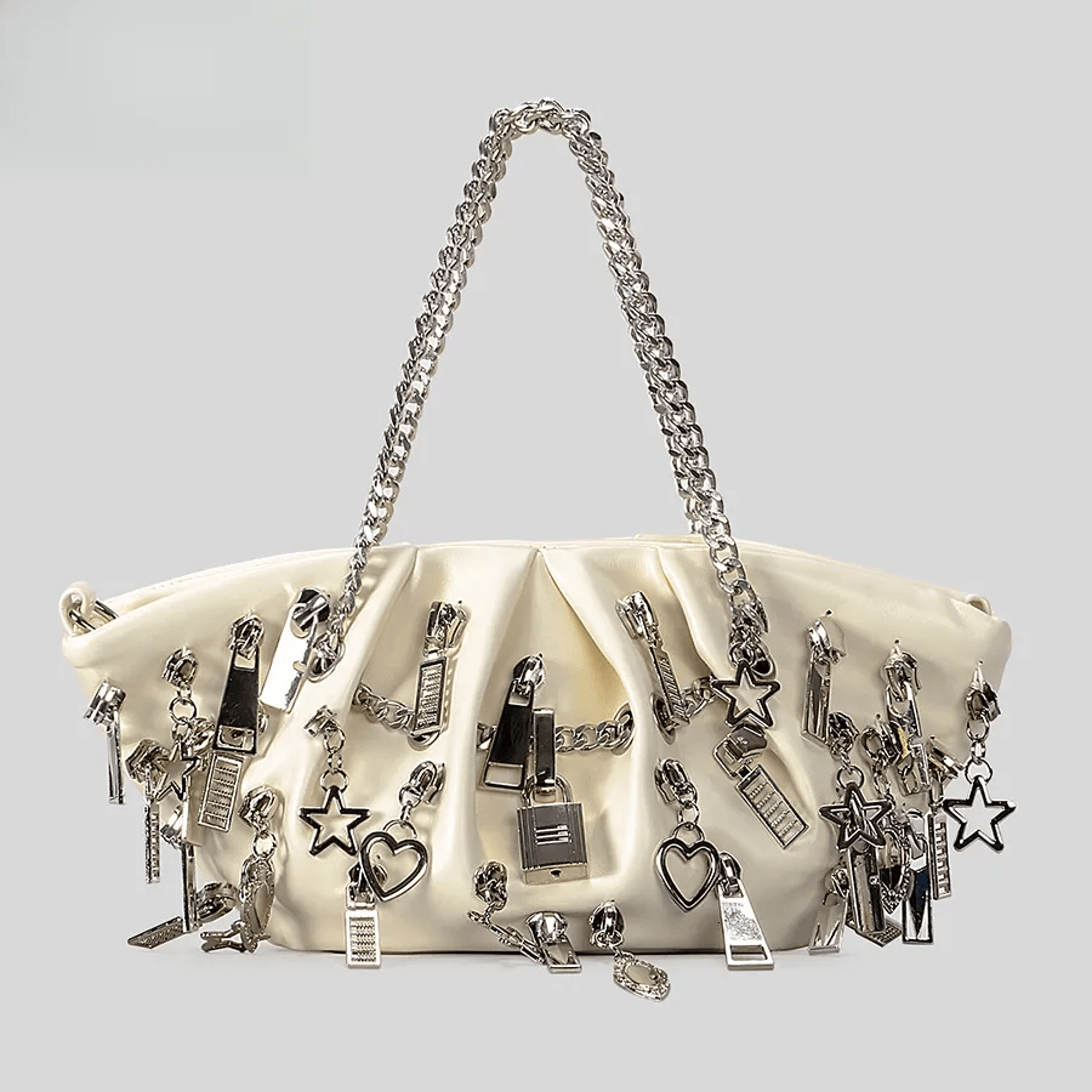 black ruched leather shoulder bag with silver chain strap for daily casual style