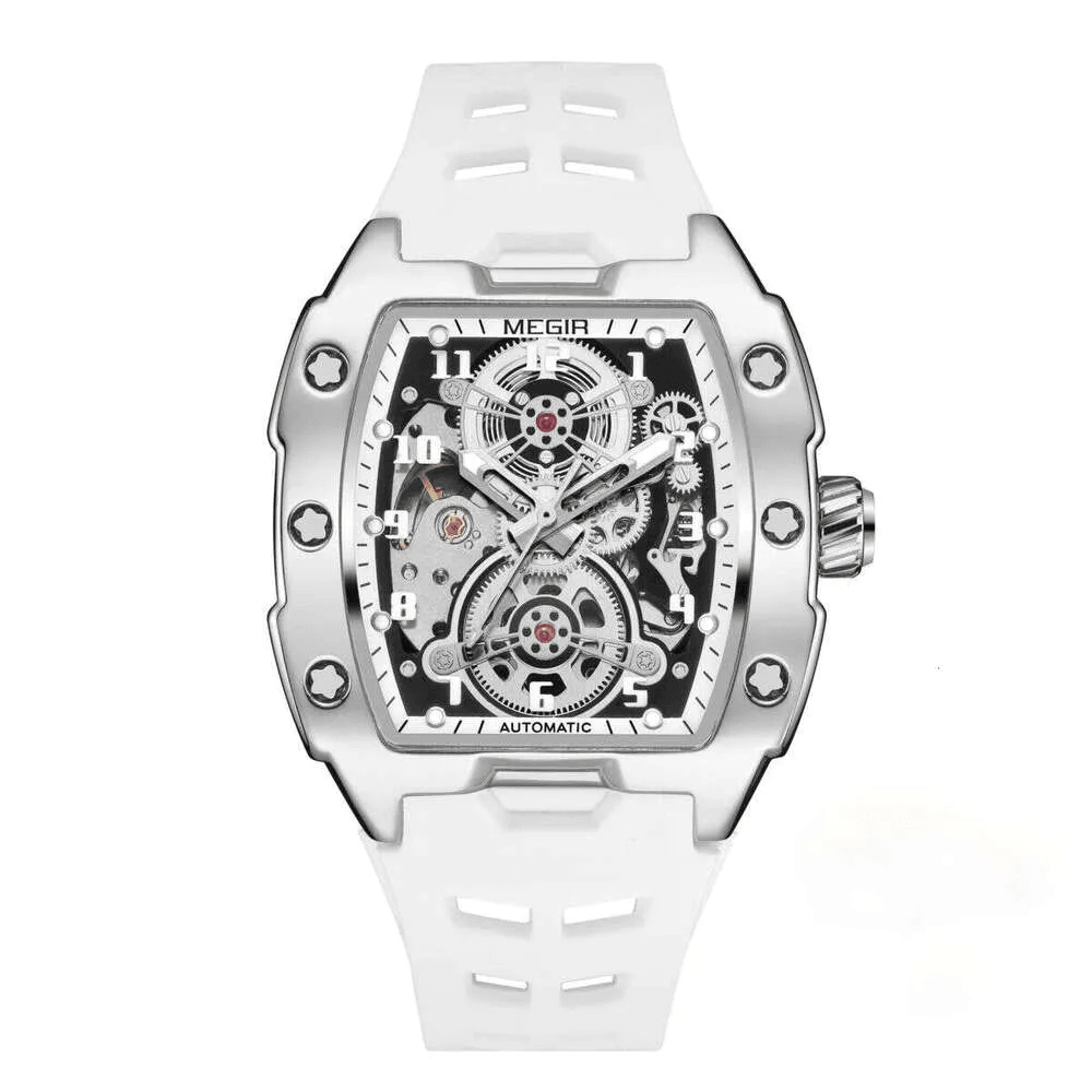 men's skeleton automatic tonneau watch with luminous dial and silicone strap